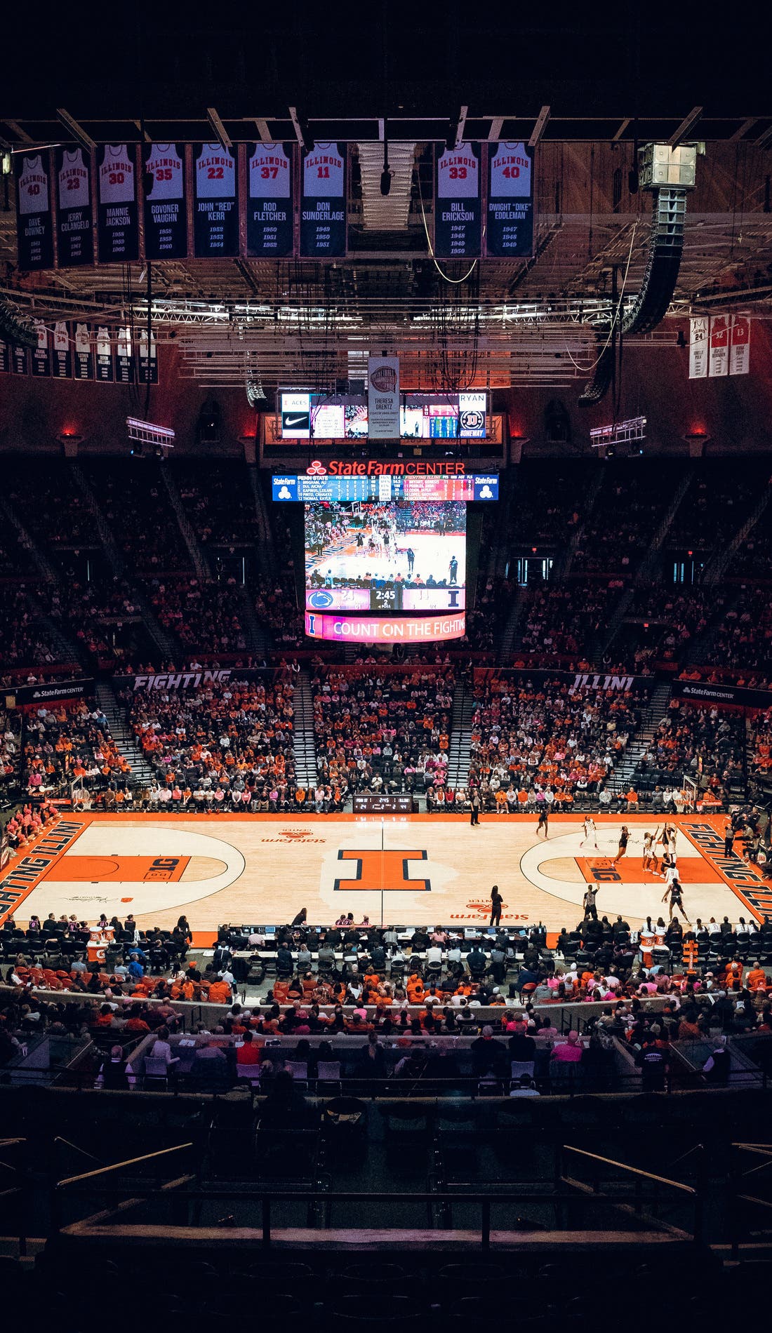 View from a seat at a Illinois Fighting Illini Womens Basketball vs Cal Poly Mustangs Womens Basketball game, showing the teams playing