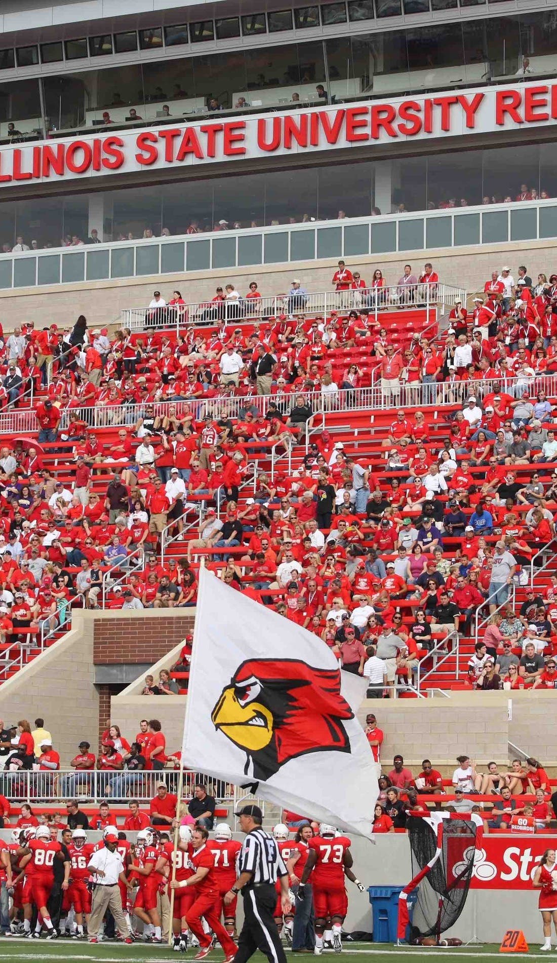 View from a seat at a Illinois State Redbirds Football vs Butler Bulldogs Football game, showing the teams playing