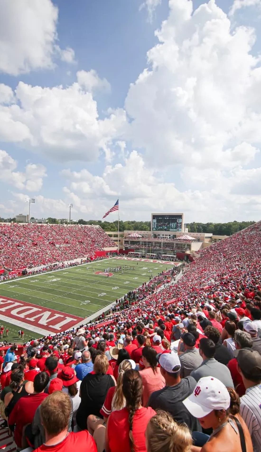 View from a seat at a Indiana Hoosiers Football vs Western Kentucky Hilltoppers Football game, showing the teams playing