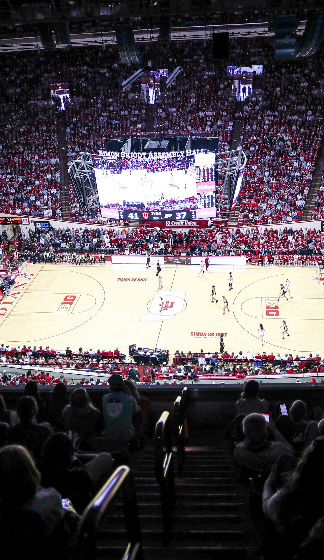 View from a seat at a Indiana Hoosiers Womens Basketball vs Milwaukee Panthers Womens Basketball game, showing the teams playing