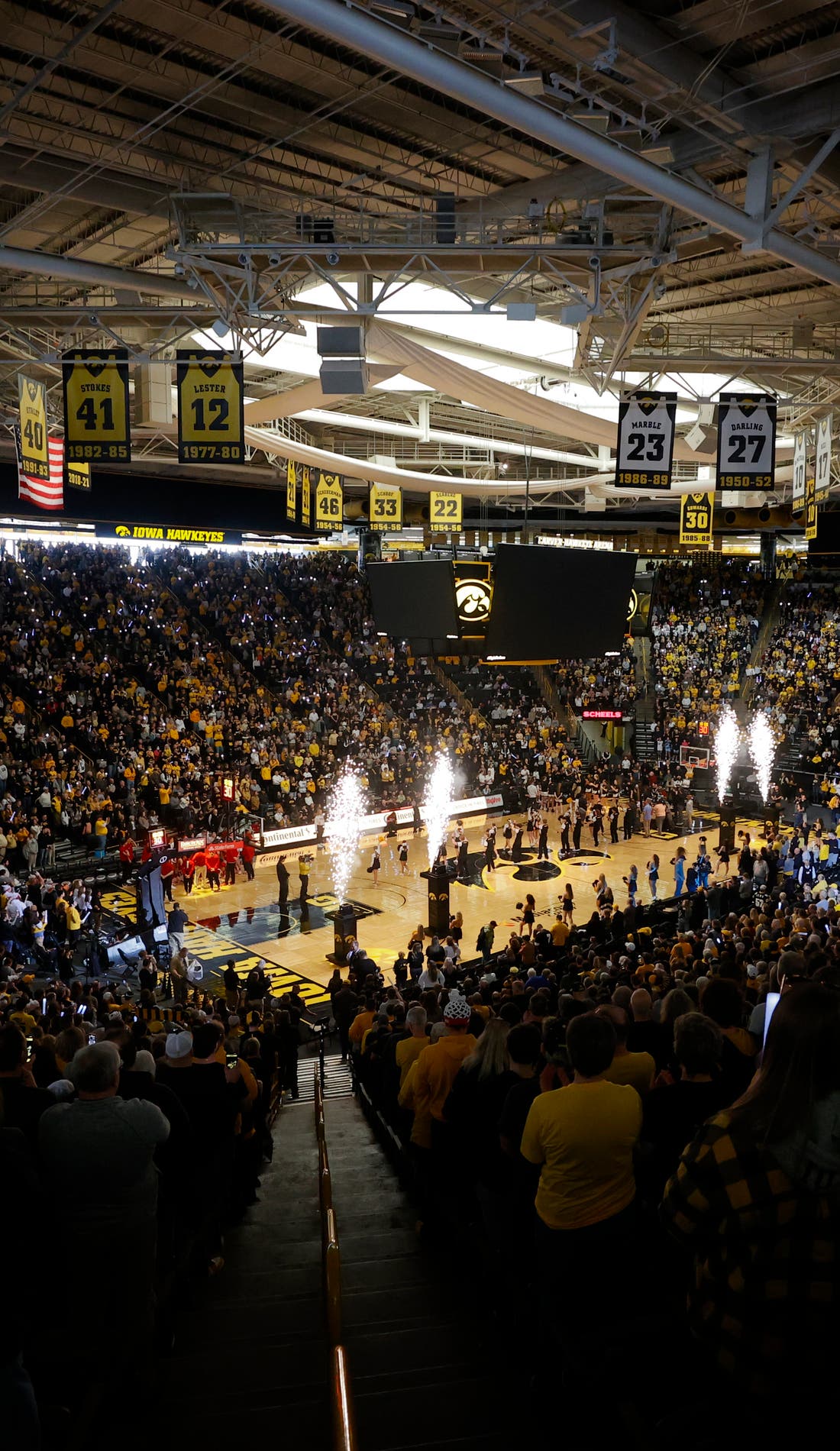 View from a seat at a Iowa Hawkeyes Mens Basketball vs Gonzaga Bulldogs Mens Basketball game, showing the teams playing
