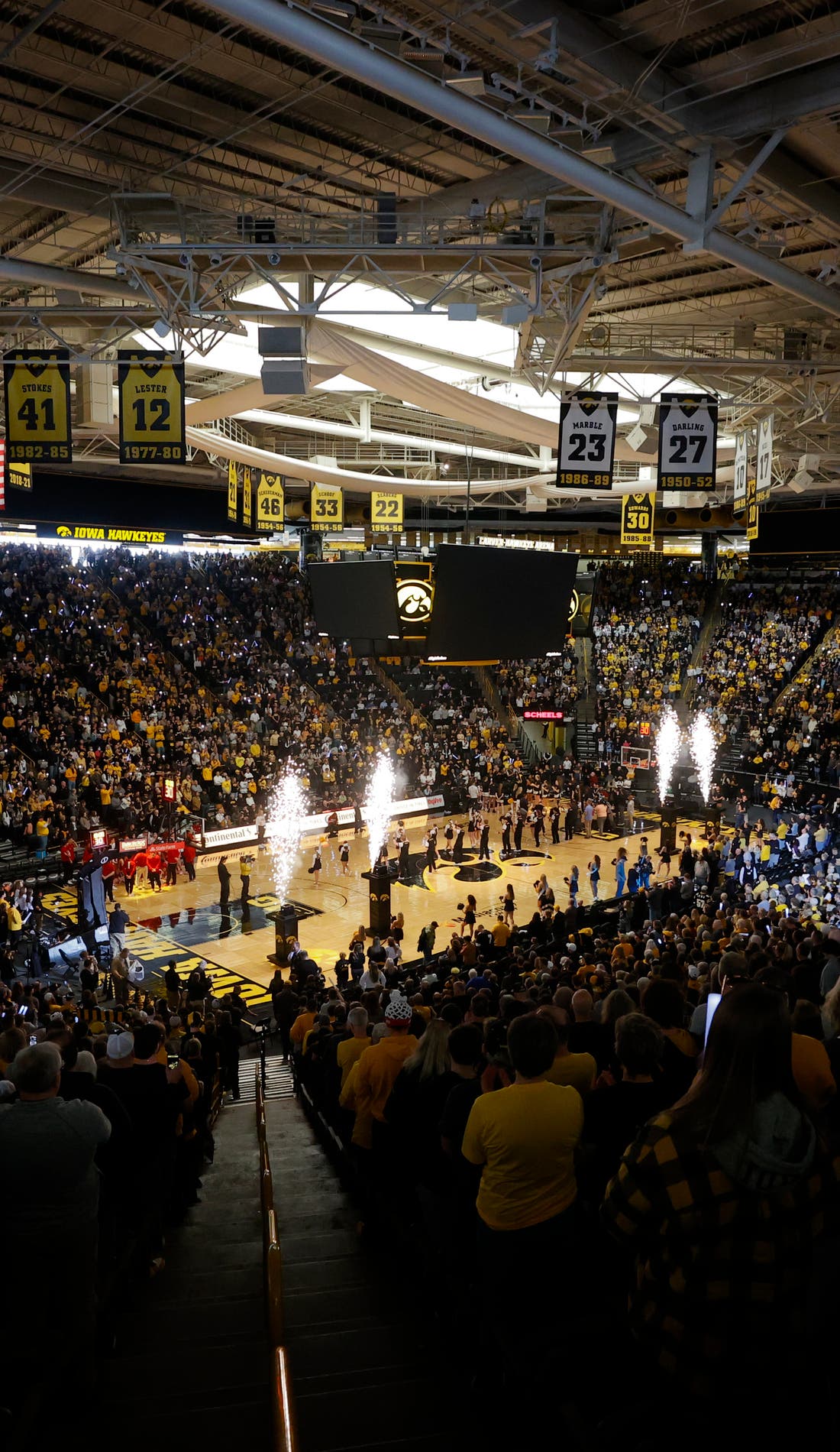 View from a seat at a Iowa Hawkeyes Womens Basketball vs Wright State Raiders Womens Basketball game, showing the teams playing