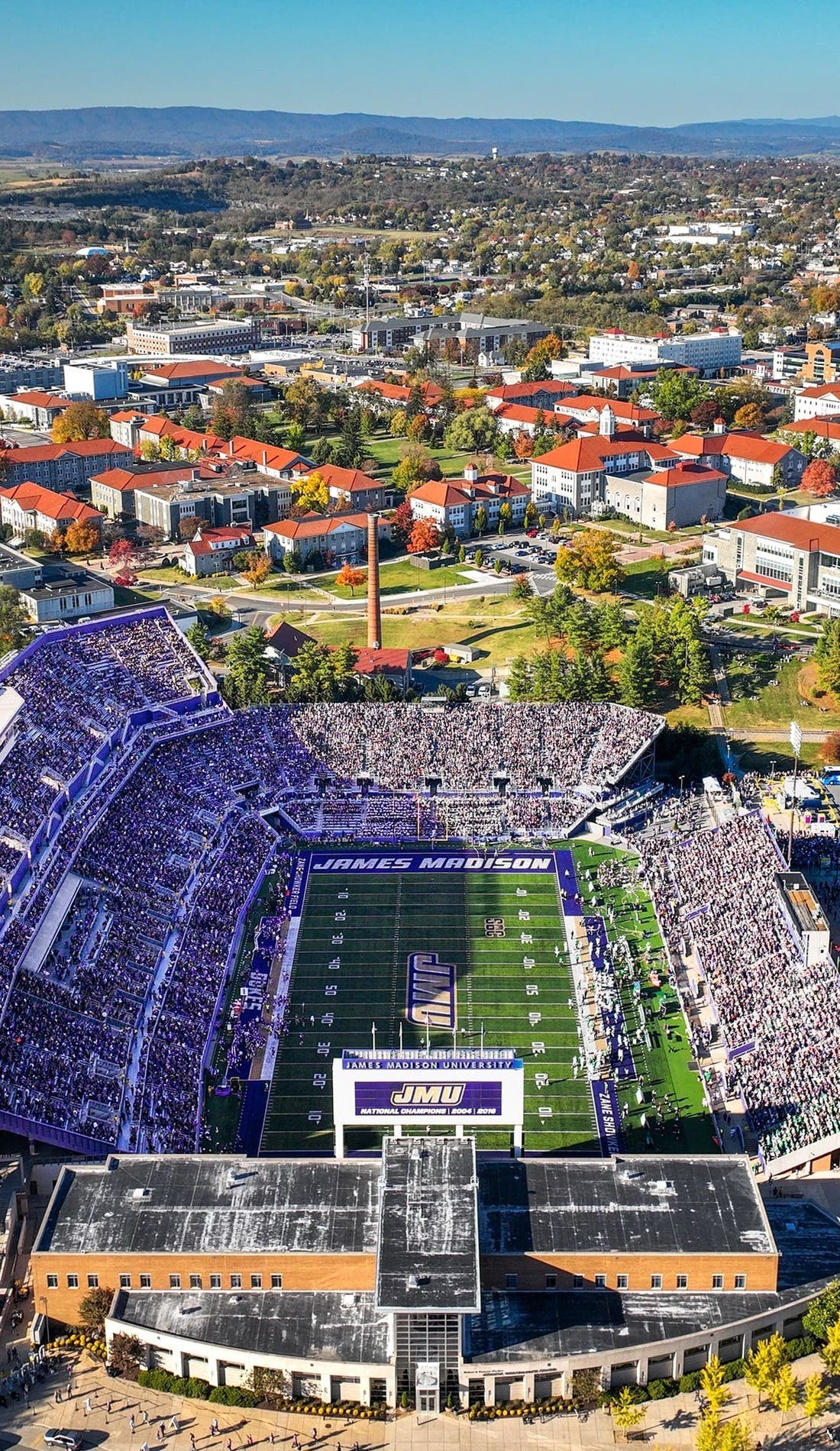 View from a seat at a James Madison Dukes Football vs Richmond Spiders Football game, showing the teams playing