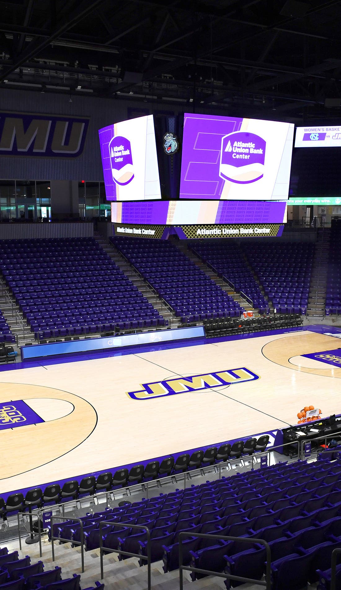 View from a seat at a James Madison Dukes Mens Basketball vs Oral Roberts Golden Eagles Mens Basketball game, showing the teams playing