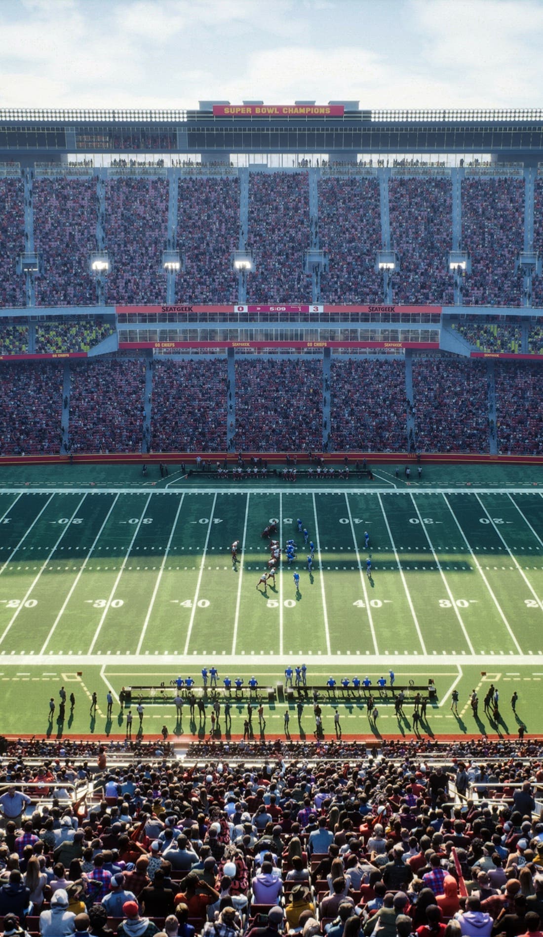 View from a seat at a Kansas City Chiefs vs Los Angeles Rams game, showing the teams playing
