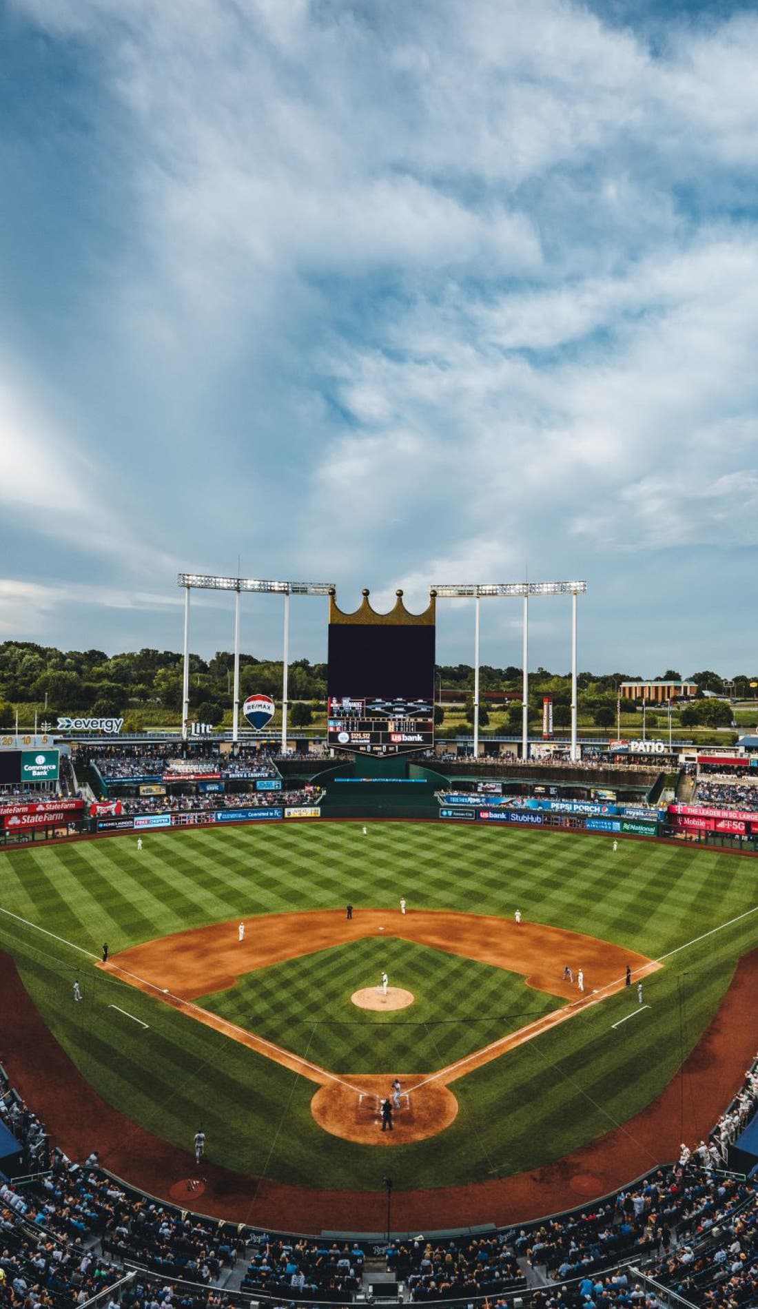 View from a seat at a Kansas City Royals vs Minnesota Twins game, showing the teams playing