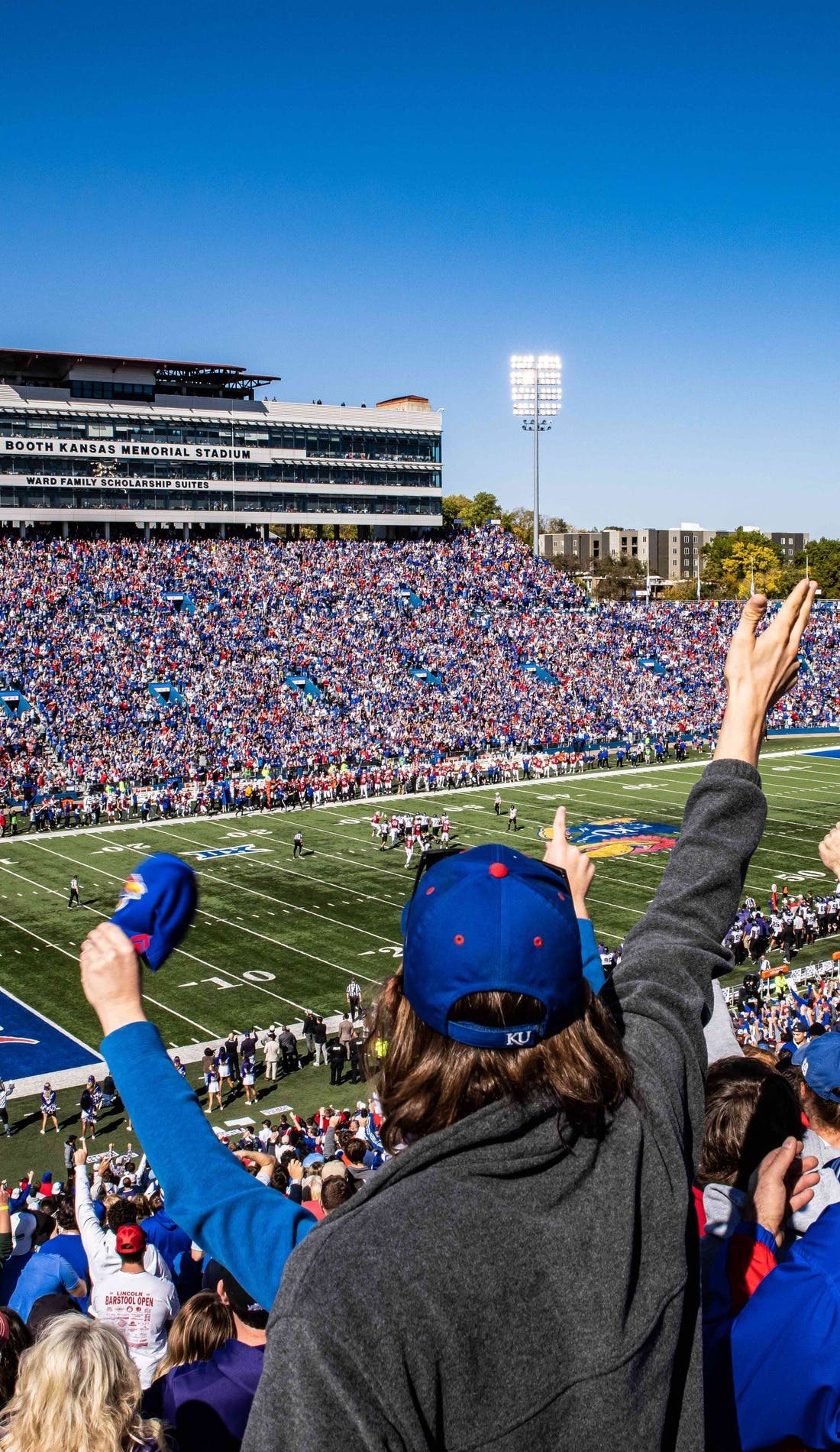 View from a seat at a Kansas Jayhawks Football vs South Dakota State Jackrabbits Football game, showing the teams playing