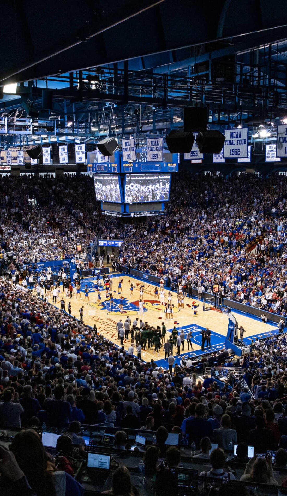 View from a seat at a Kansas Jayhawks Mens Basketball vs USC Trojans Mens Basketball game, showing the teams playing