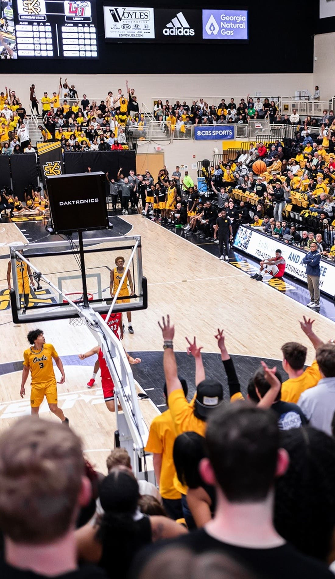 View from a seat at a Kennesaw State Owls Mens Basketball vs Gardner-Webb Runnin' Bulldogs Mens Basketball game, showing the teams playing