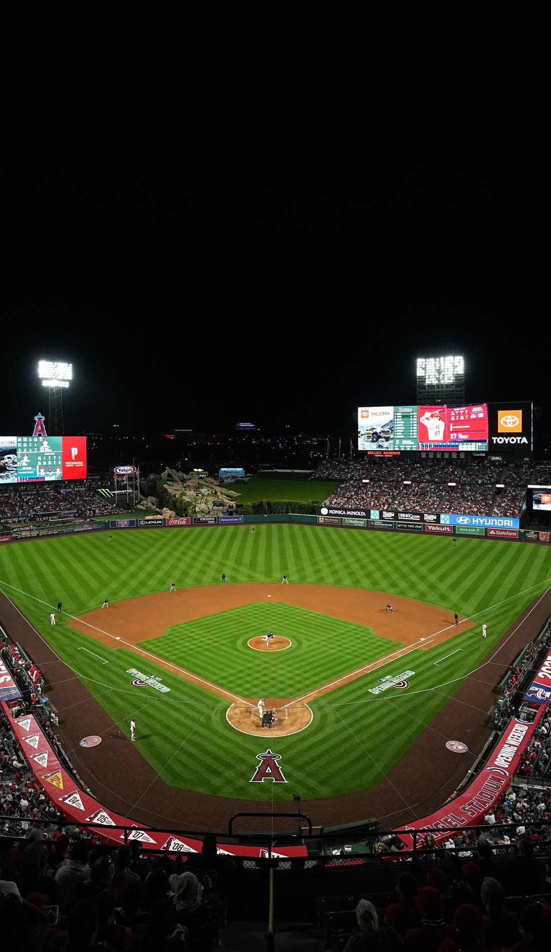 View from a seat at a Los Angeles Angels vs Miami Marlins game, showing the teams playing