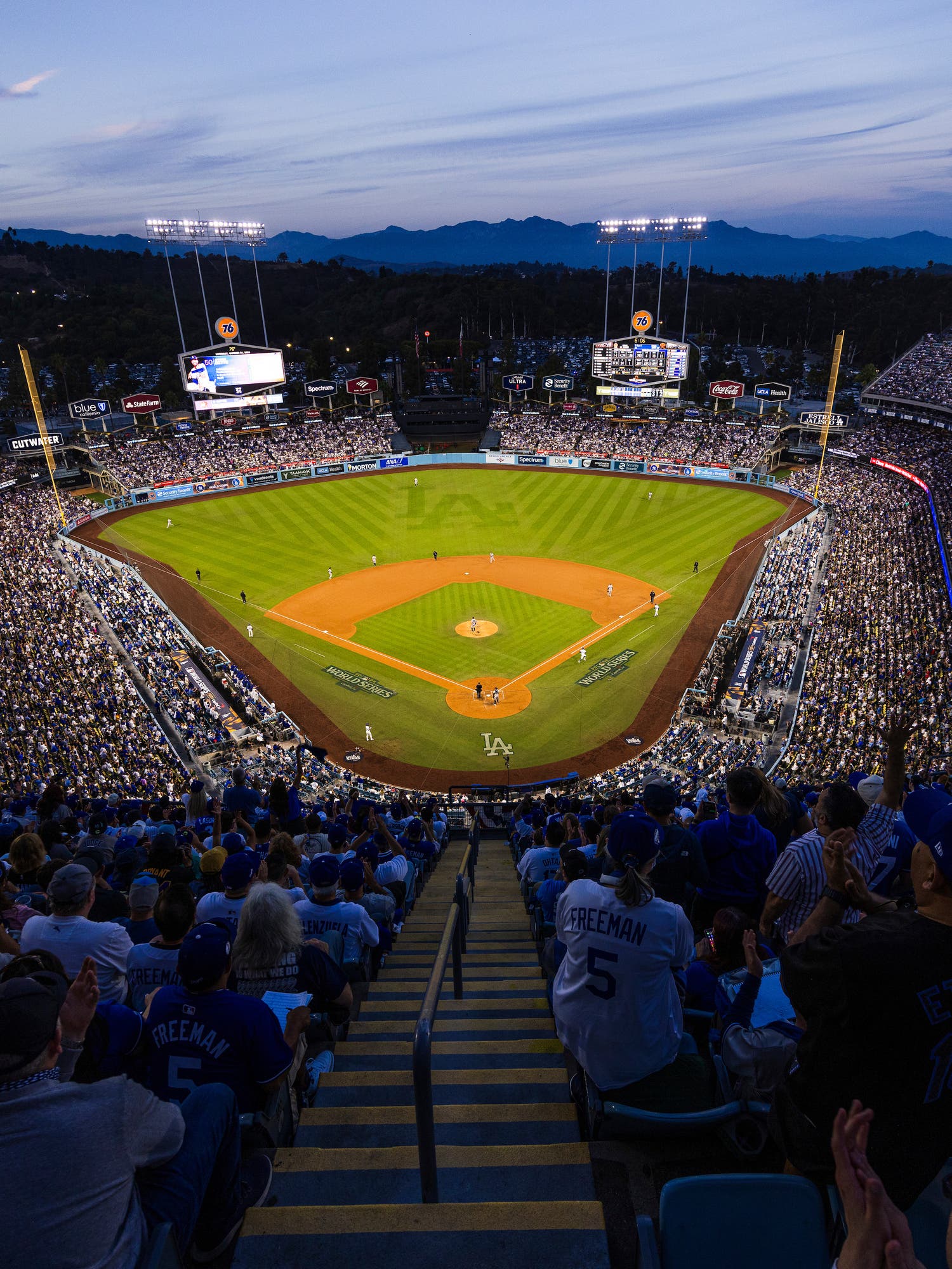 View from a seat at a Los Angeles Dodgers vs New York Yankees game, showing the teams playing