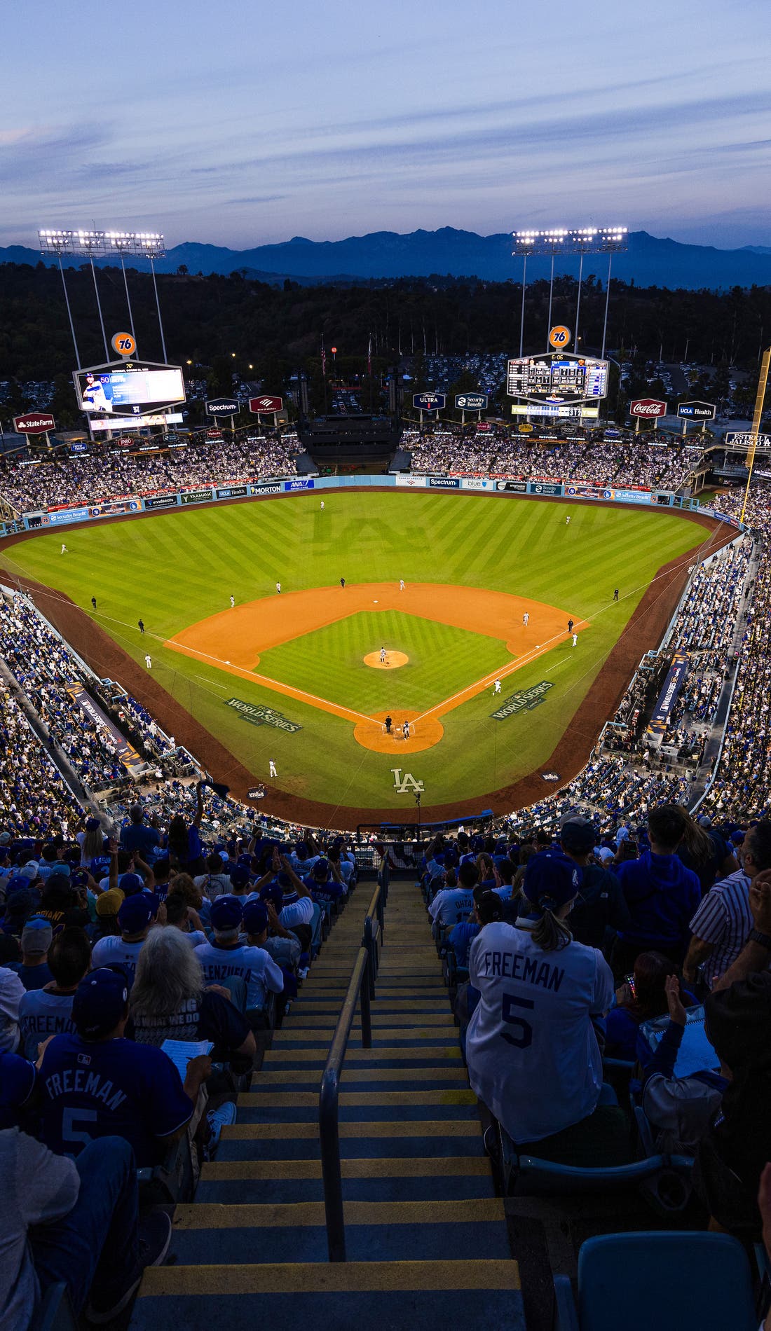 View from a seat at a Los Angeles Dodgers vs Toronto Blue Jays game, showing the teams playing