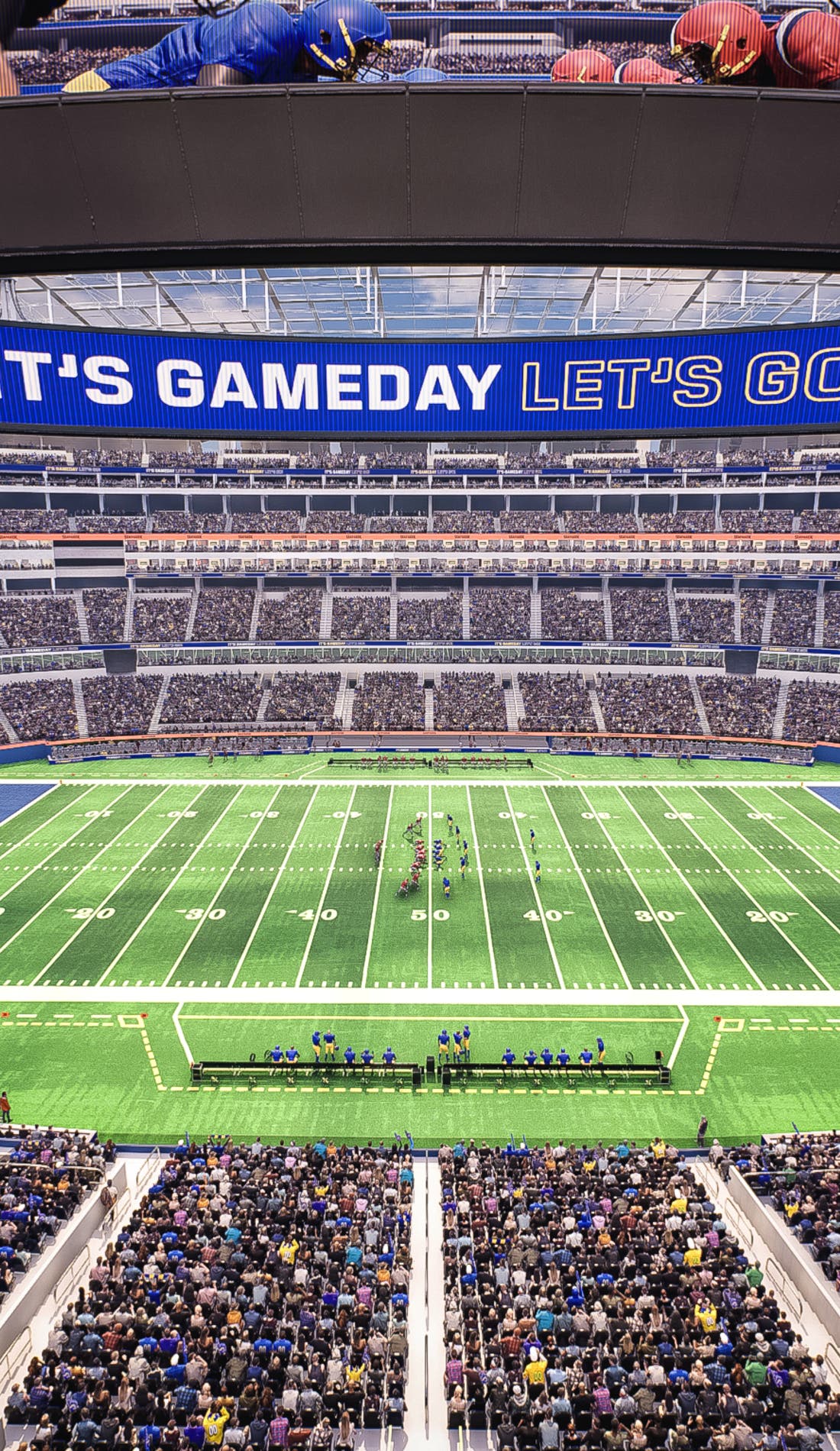 Vue d'un siège à un match Los Angeles Rams contre Chicago Bears, montrant les équipes en action