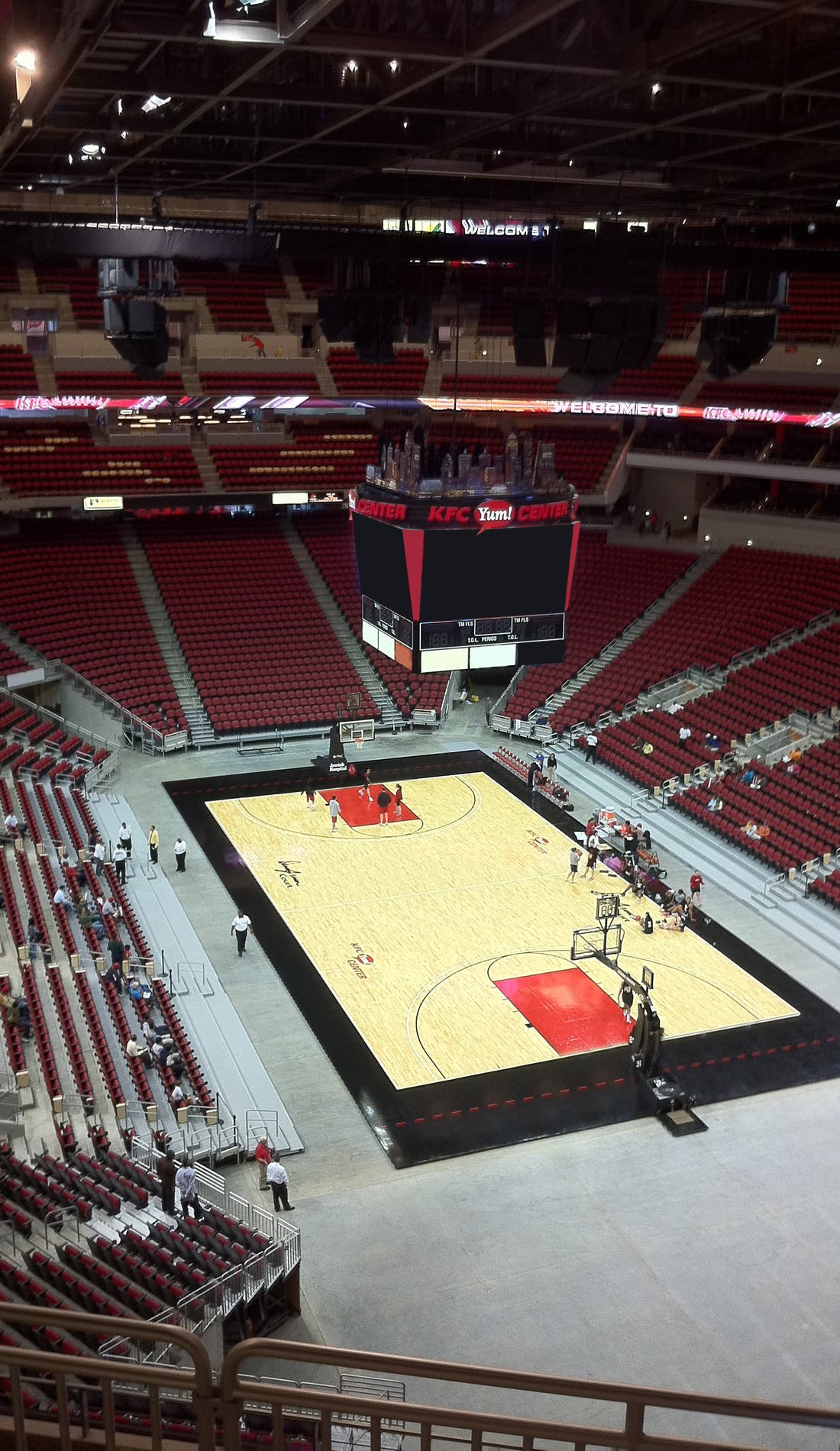 View from a seat at a Louisville Cardinals Mens Basketball vs Michigan Wolverines Mens Basketball game, showing the teams playing