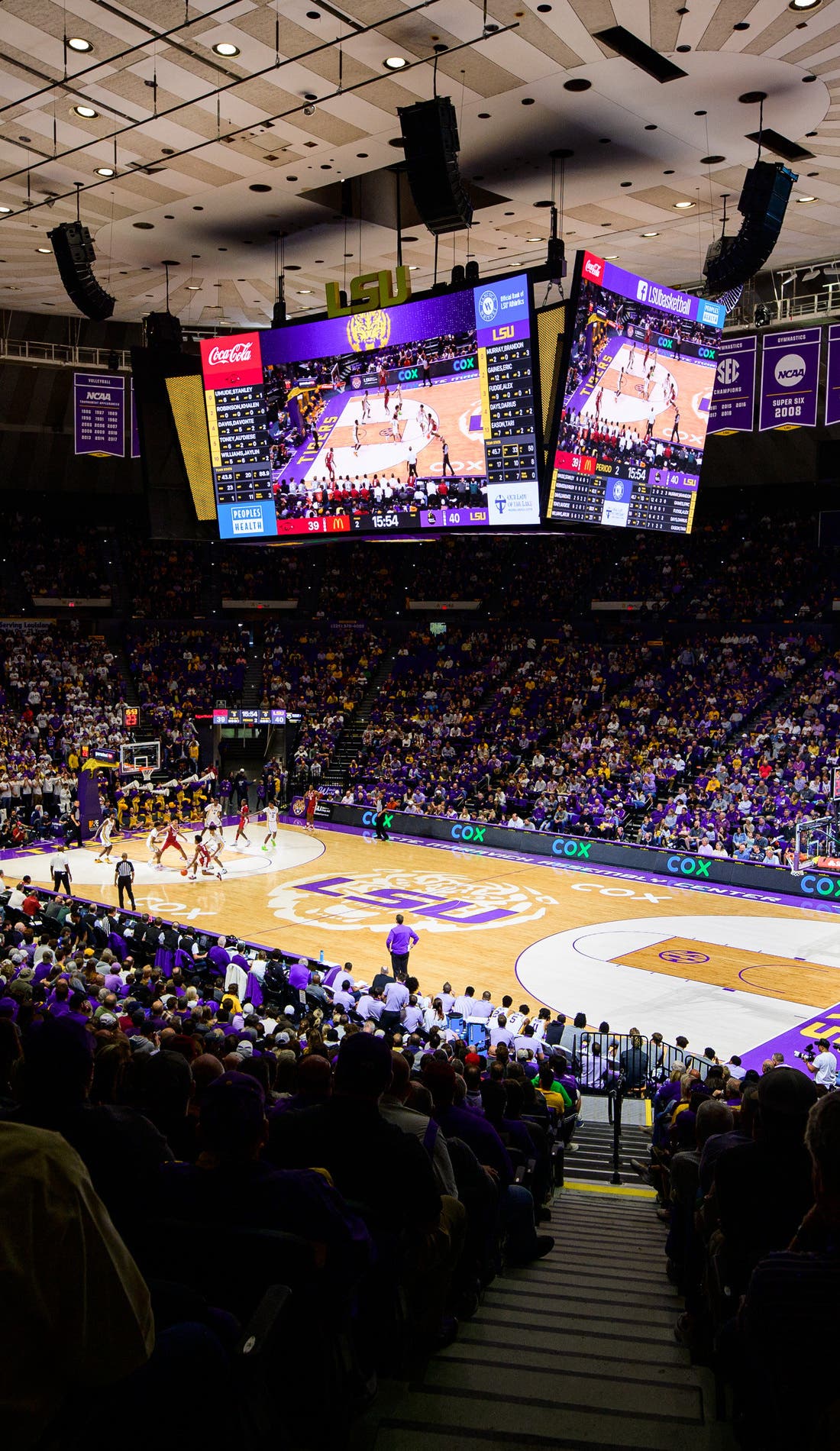 View from a seat at a LSU Tigers Mens Basketball vs Incarnate Word Cardinals Mens Basketball game, showing the teams playing