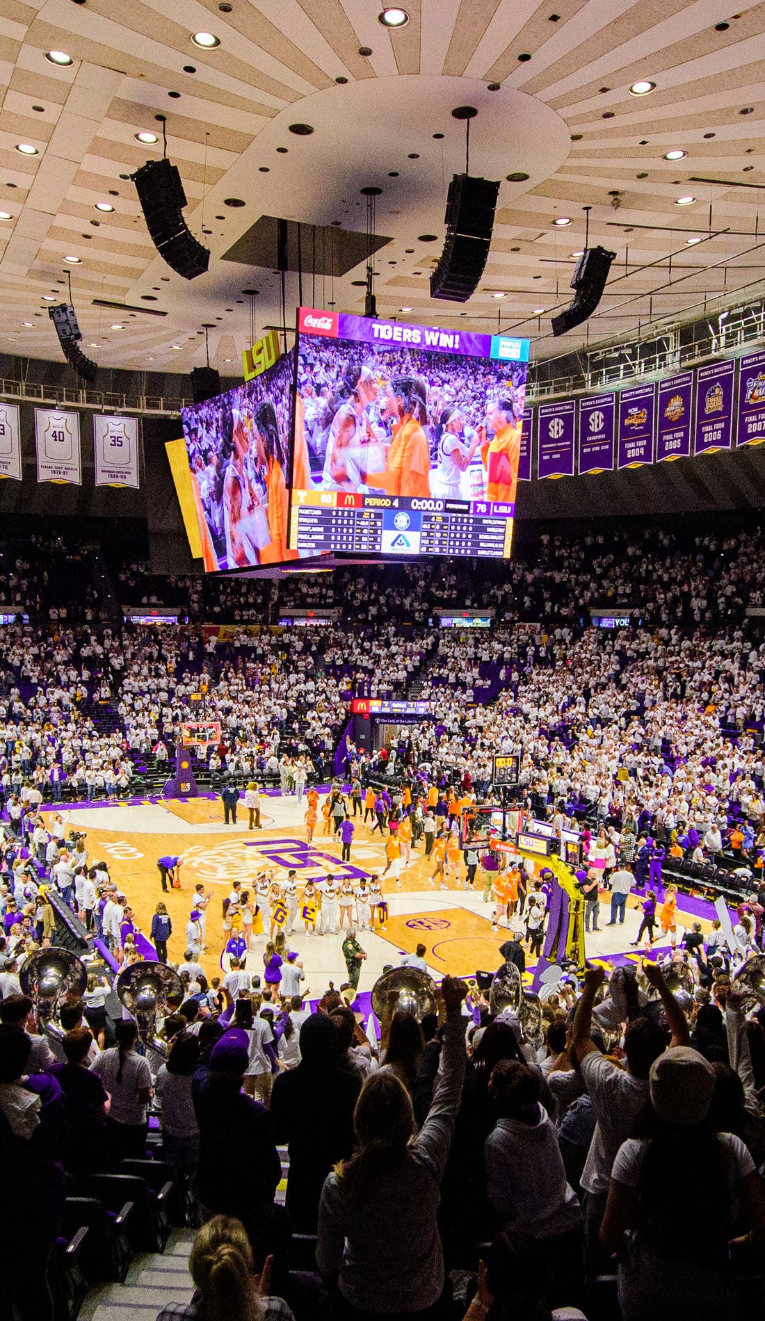 View from a seat at a LSU Tigers Womens Basketball vs Virginia Tech Hokies Womens Basketball game, showing the teams playing