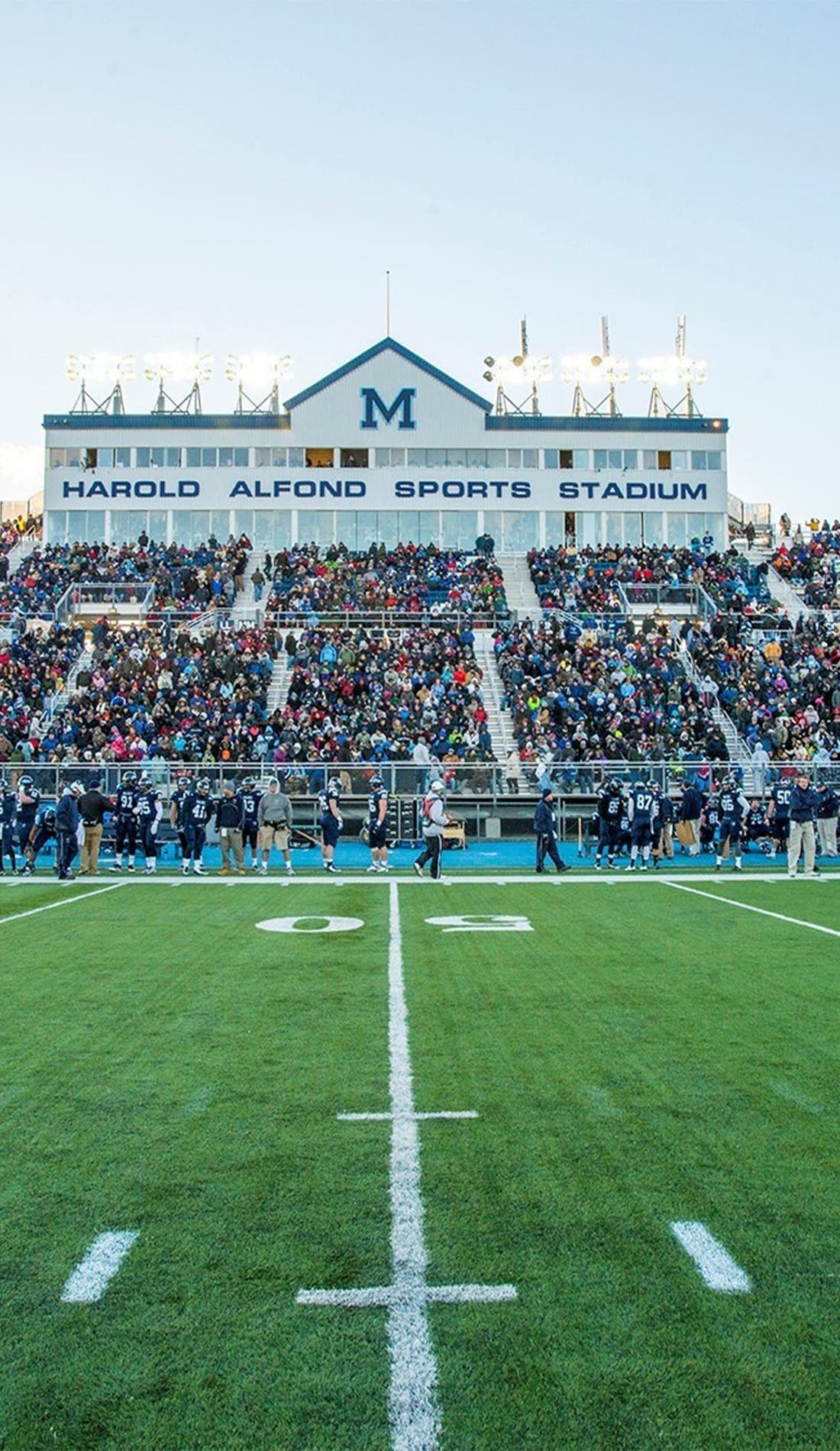 View from a seat at a Maine Black Bears Football vs Sacred Heart Pioneers Football game, showing the teams playing