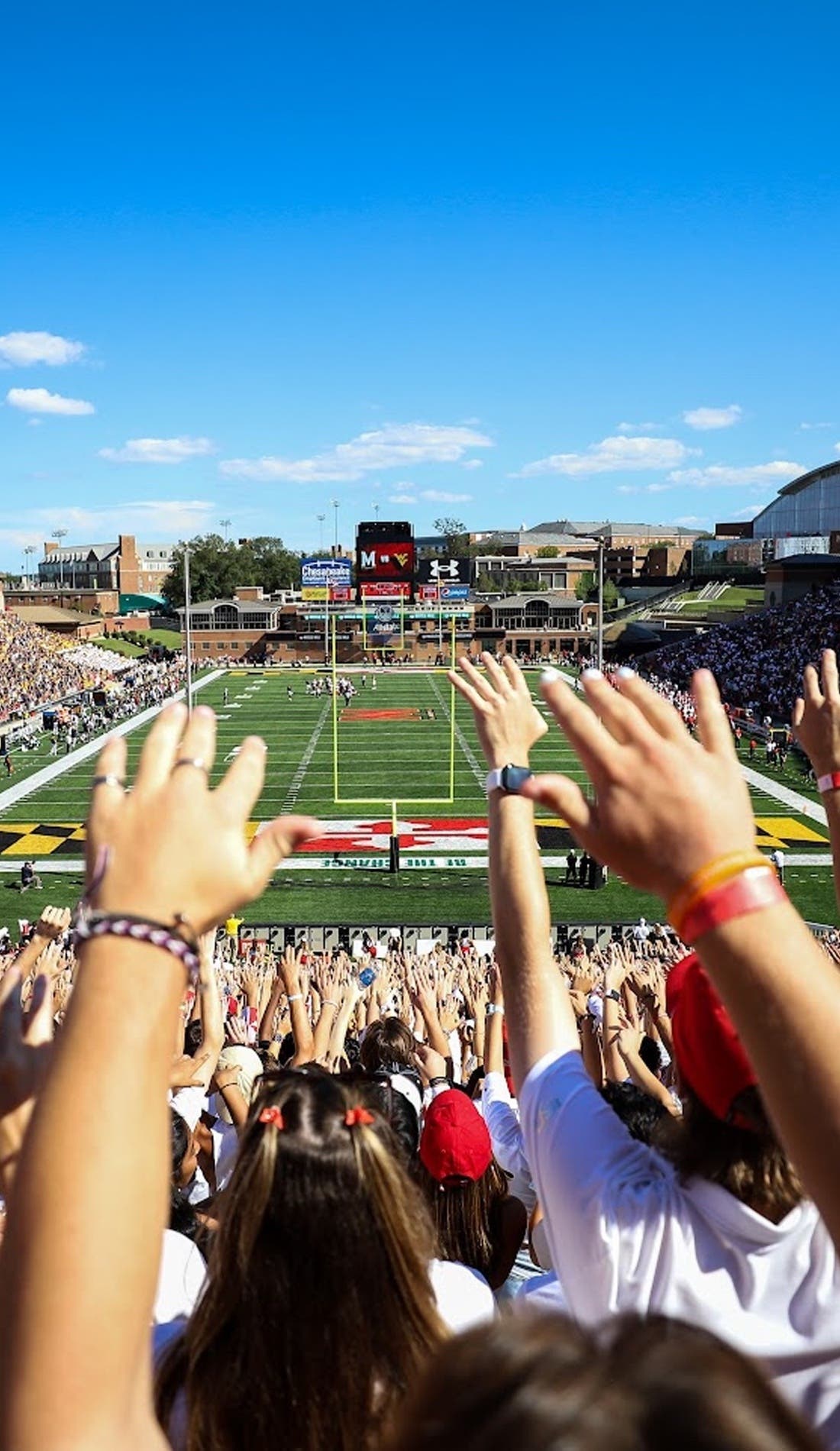 View from a seat at a Maryland Terrapins Football vs James Madison Dukes Football game, showing the teams playing
