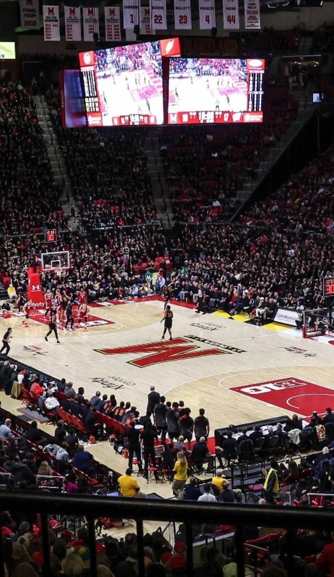 View from a seat at a Maryland Terrapins Mens Basketball vs Seton Hall Pirates Mens Basketball game, showing the teams playing