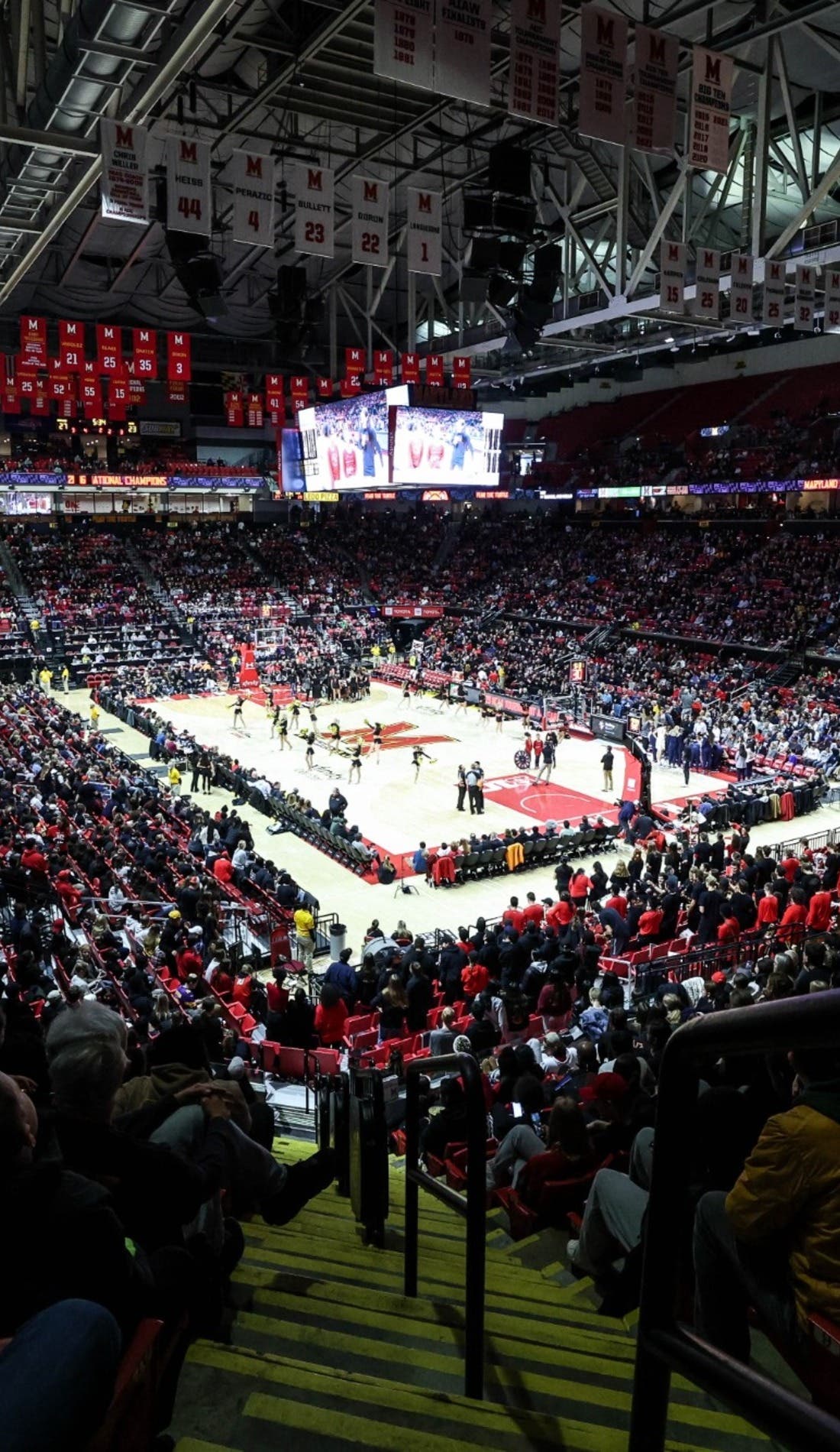 View from a seat at a Maryland Terrapins Womens Basketball vs Villanova Wildcats Womens Basketball game, showing the teams playing