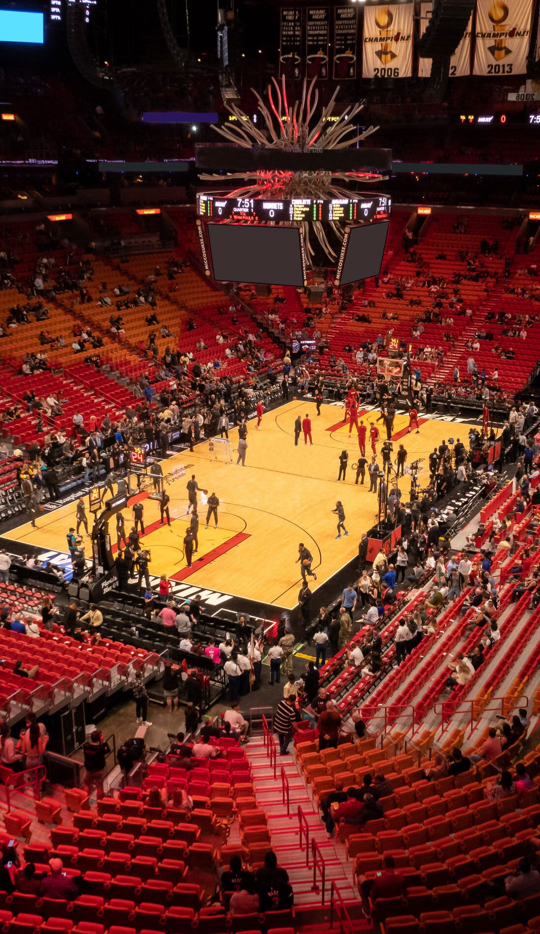 View from a seat at a Miami Heat vs San Antonio Spurs game, showing the teams playing