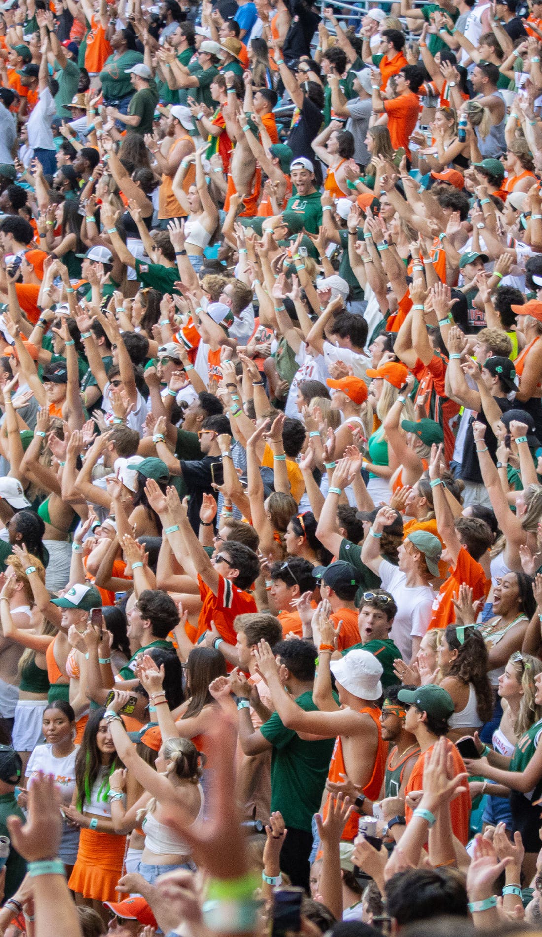 View from a seat at a Miami Hurricanes Football vs Notre Dame Fighting Irish Football game, showing the teams playing