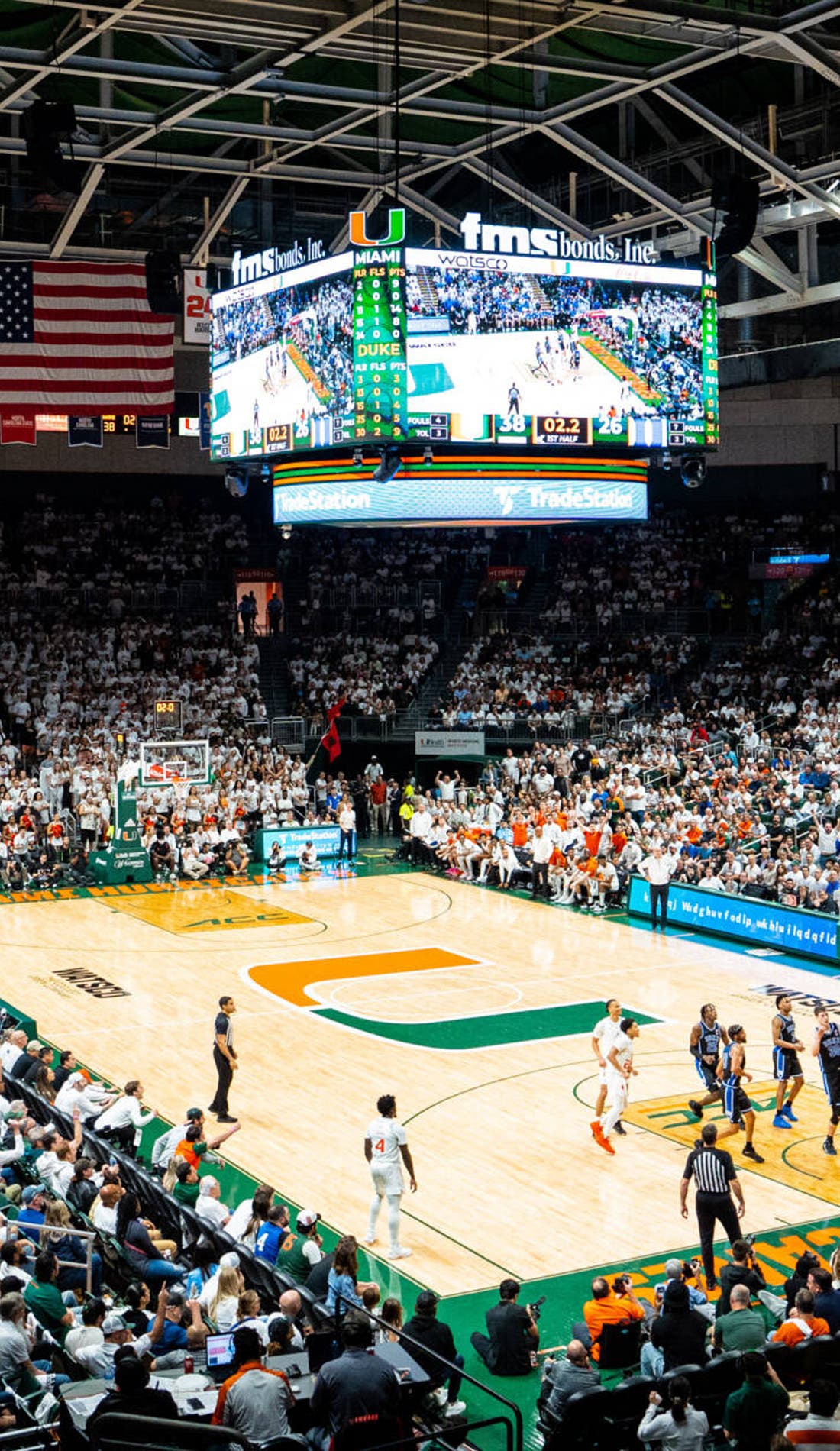 View from a seat at a Miami Hurricanes Mens Basketball vs Alabama Crimson Tide Mens Basketball game, showing the teams playing