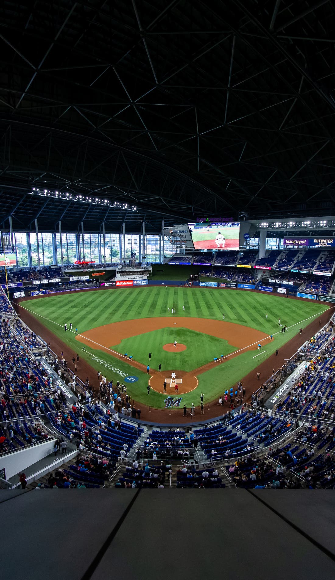 View from a seat at a Miami Marlins vs Arizona Diamondbacks game, showing the teams playing