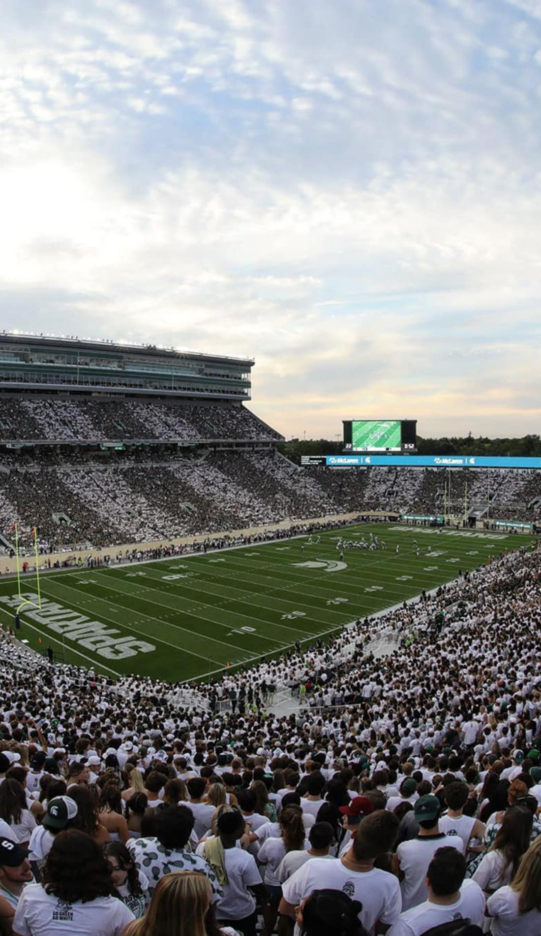 View from a seat at a Michigan State Spartans Football vs Notre Dame Fighting Irish Football game, showing the teams playing