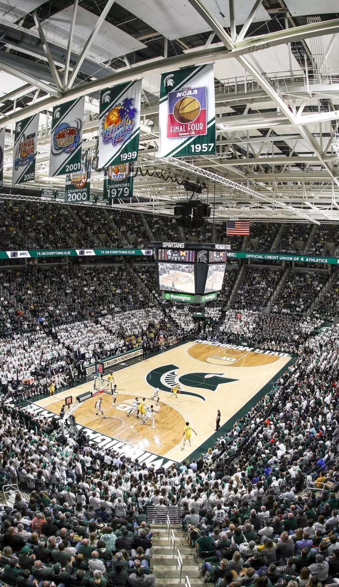 View from a seat at a Michigan State Spartans Mens Basketball vs Ohio State Buckeyes Mens Basketball game, showing the teams playing