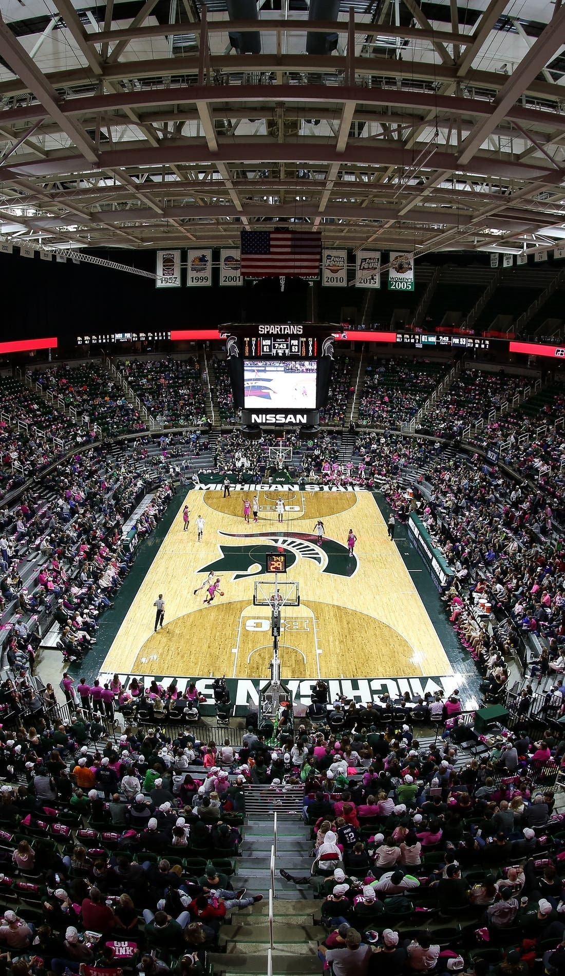 View from a seat at a Michigan State Spartans Womens Basketball vs Michigan Wolverines Womens Basketball game, showing the teams playing