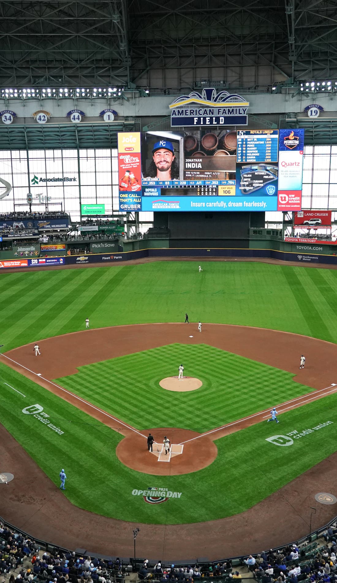 View from a seat at a Milwaukee Brewers vs Toronto Blue Jays game, showing the teams playing