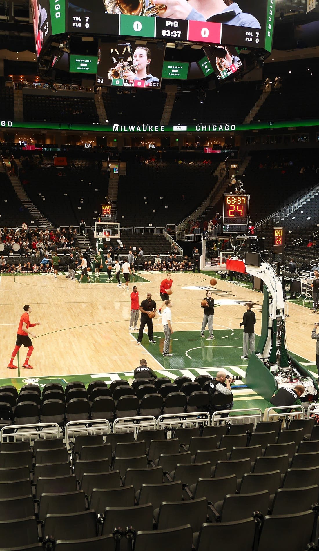 View from a seat at a Milwaukee Bucks vs Houston Rockets game, showing the teams playing