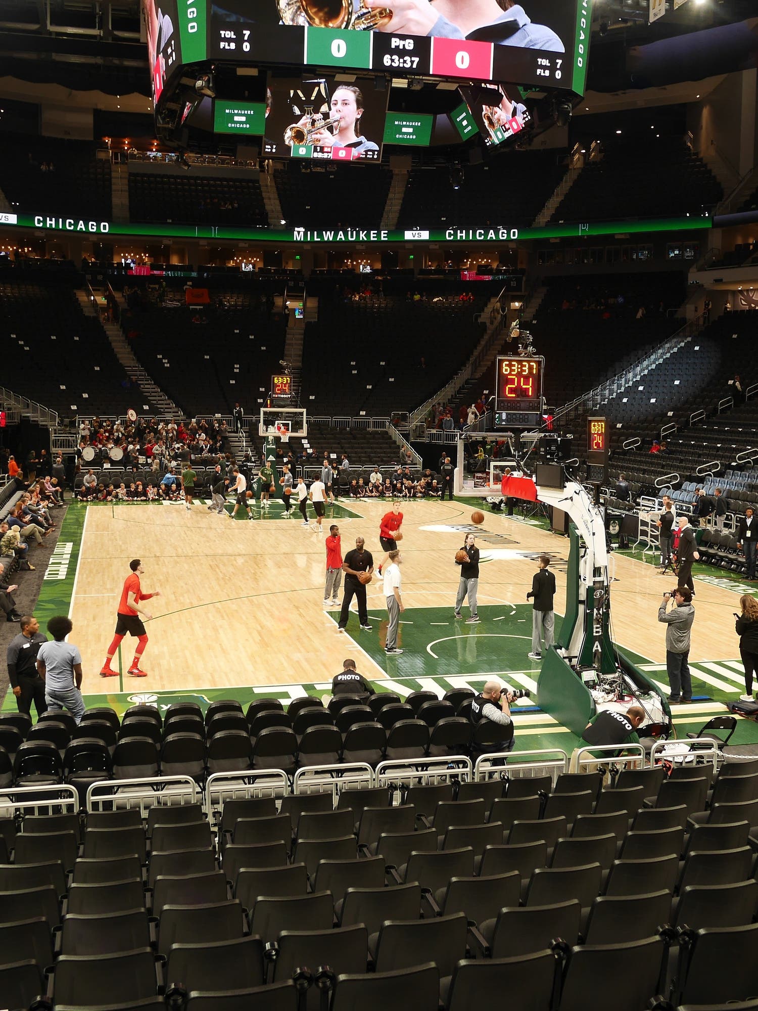 View from a seat at a Milwaukee Bucks vs Oklahoma City Thunder game, showing the teams playing