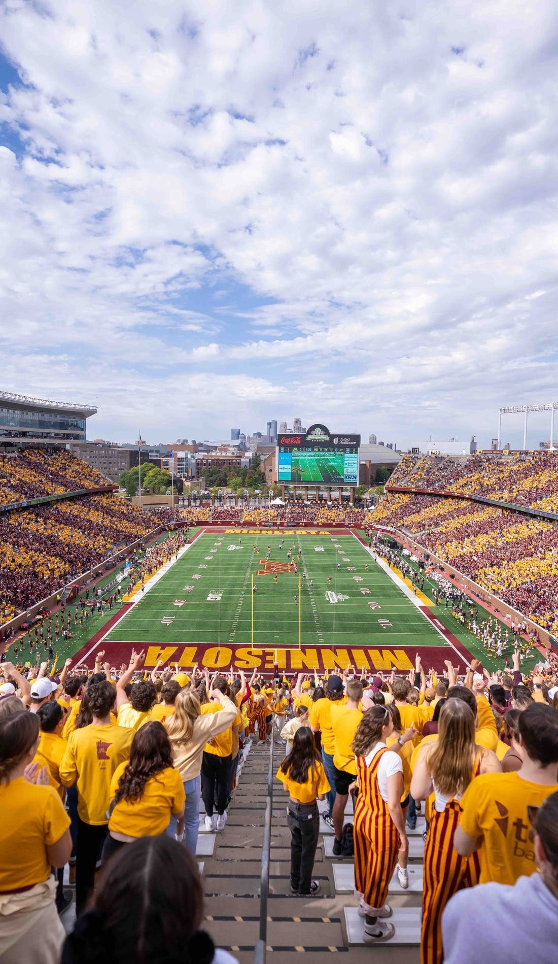 View from a seat at a Minnesota Golden Gophers Football vs South Dakota State Jackrabbits Football game, showing the teams playing