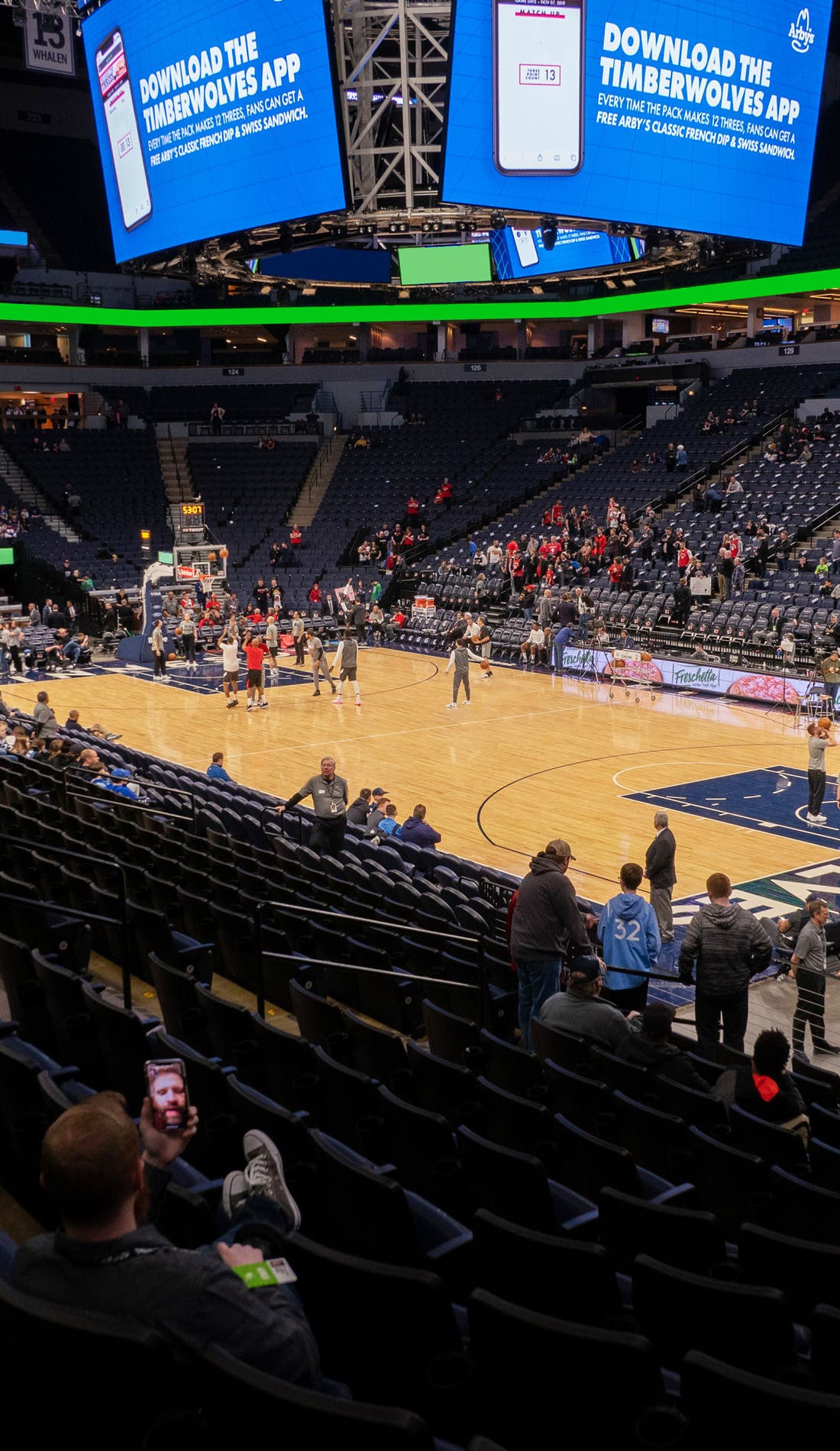 View from a seat at a Minnesota Timberwolves vs Dallas Mavericks game, showing the teams playing