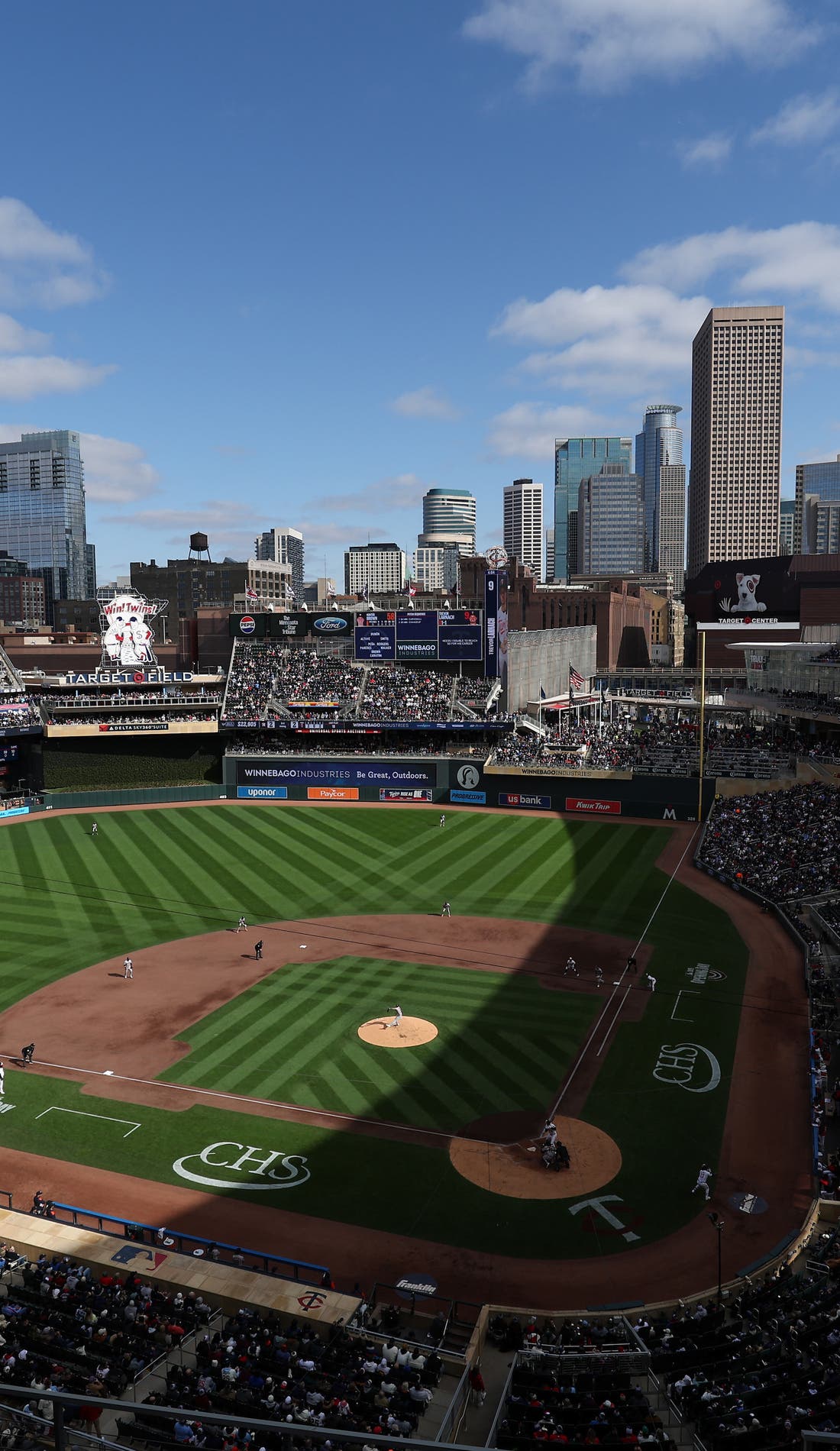 View from a seat at a Minnesota Twins vs Cincinnati Reds game, showing the teams playing