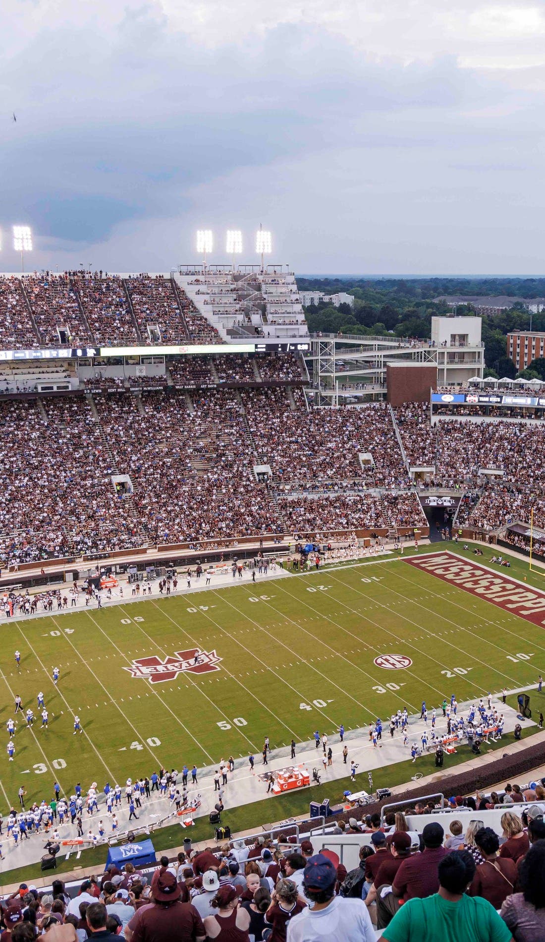 View from a seat at a Mississippi State Bulldogs Football vs Samford Bulldogs Football game, showing the teams playing