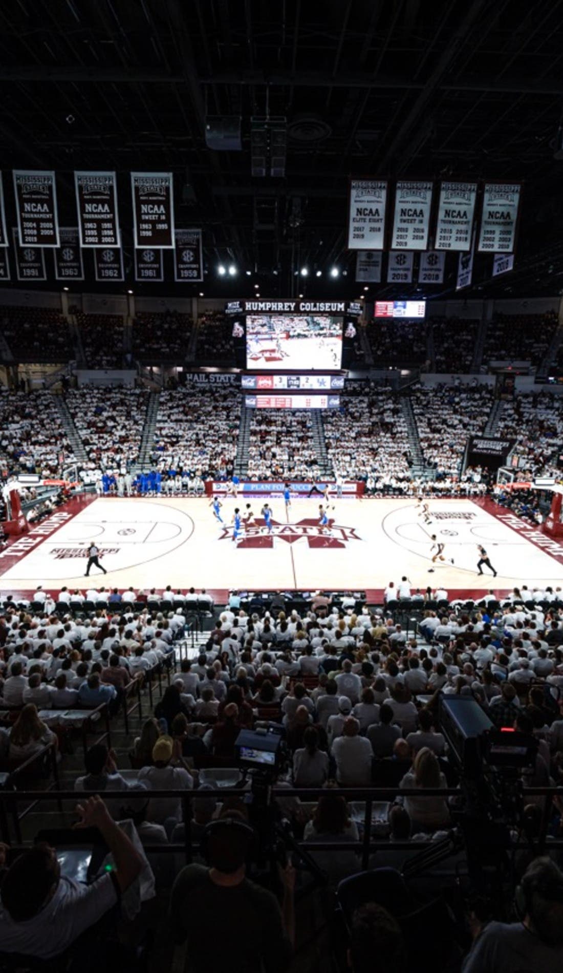 View from a seat at a Mississippi State Bulldogs Mens Basketball vs Georgia State Panthers Mens Basketball game, showing the teams playing