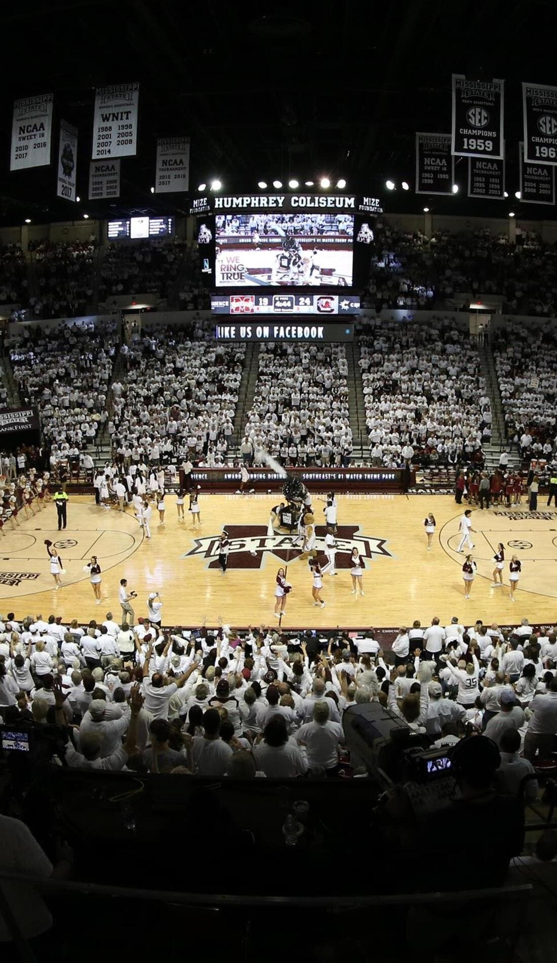 View from a seat at a Mississippi State Bulldogs Womens Basketball vs Ole Miss Rebels Womens Basketball game, showing the teams playing