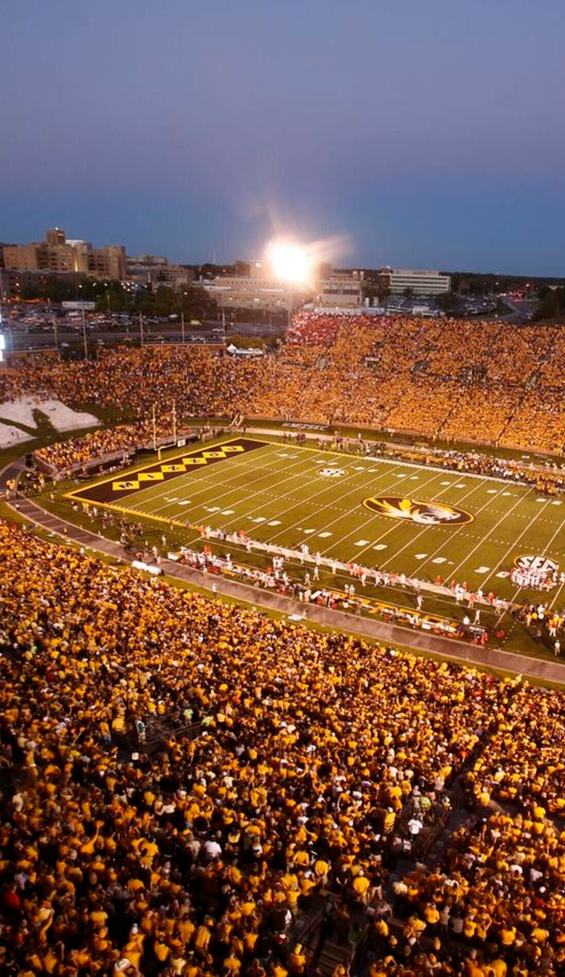View from a seat at a Missouri Tigers Football vs Mississippi State Bulldogs Football game, showing the teams playing