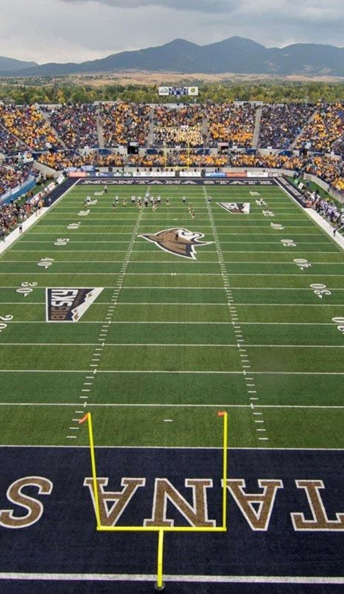 View from a seat at a Montana State Bobcats Football vs North Dakota Fighting Hawks Football game, showing the teams playing