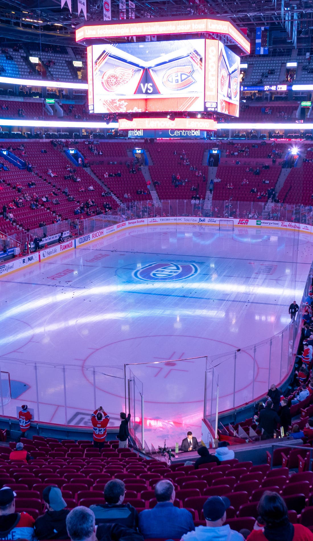 View from a seat at a Montreal Canadiens vs Seattle Kraken game, showing the teams playing
