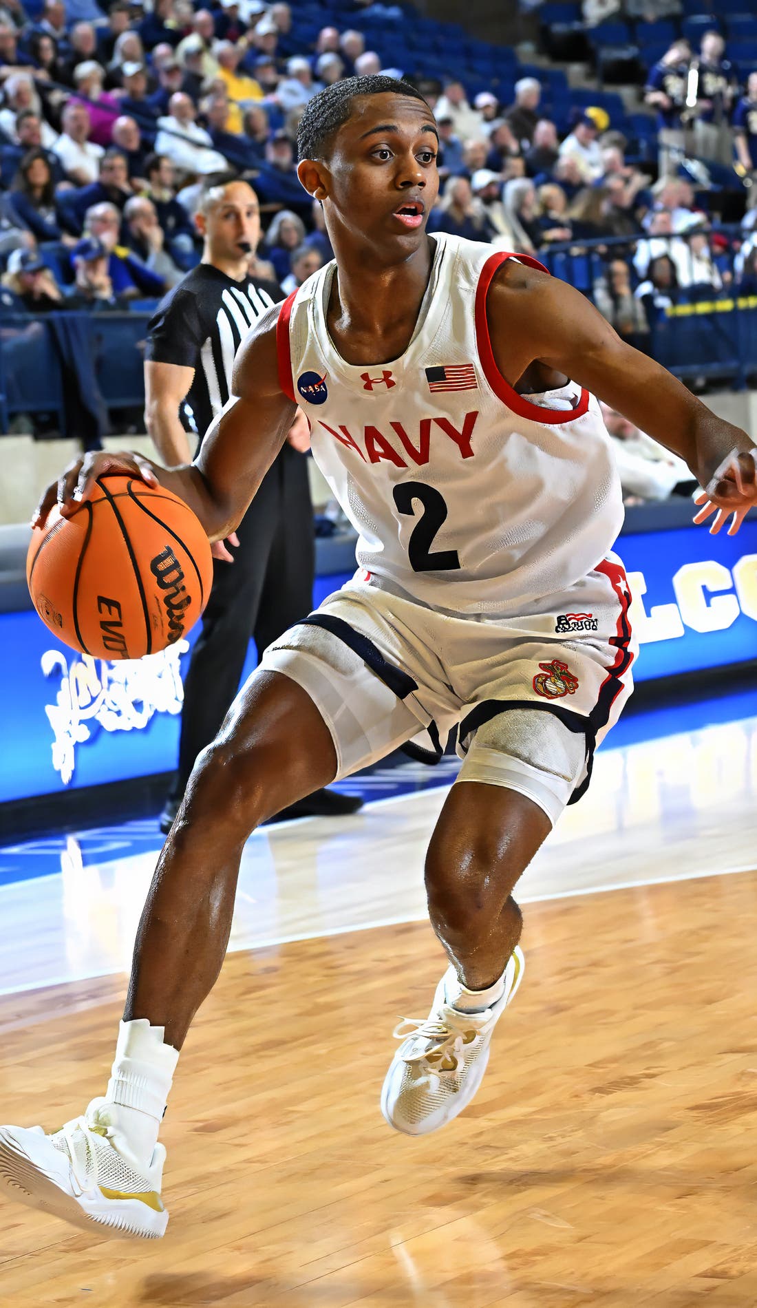 View from a seat at a Navy Midshipmen Mens Basketball vs High Point Panthers Mens Basketball game, showing the teams playing