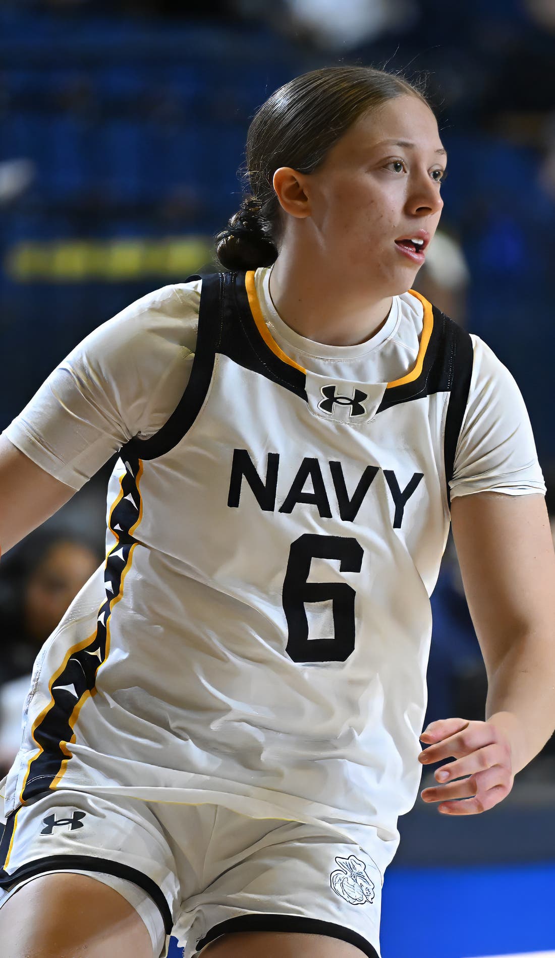 View from a seat at a Navy Midshipmen Womens Basketball vs Virginia Tech Hokies Womens Basketball game, showing the teams playing
