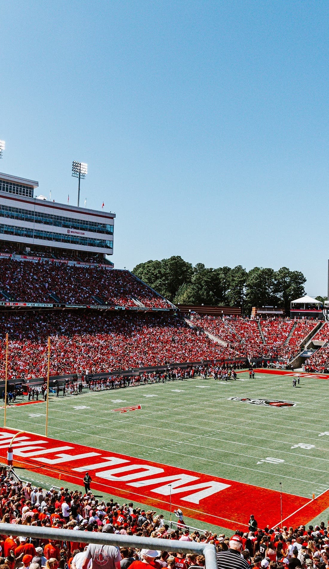 View from a seat at a NC State Wolfpack Football vs James Madison Dukes Football game, showing the teams playing