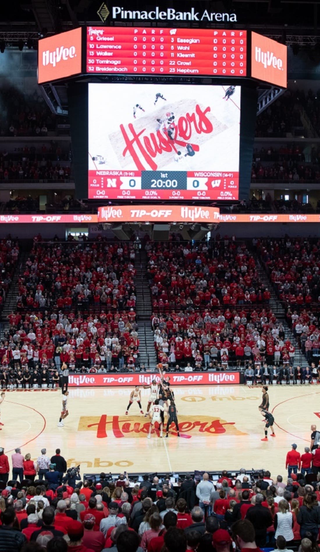 View from a seat at a Nebraska Cornhuskers Mens Basketball vs UCF Knights Mens Basketball game, showing the teams playing