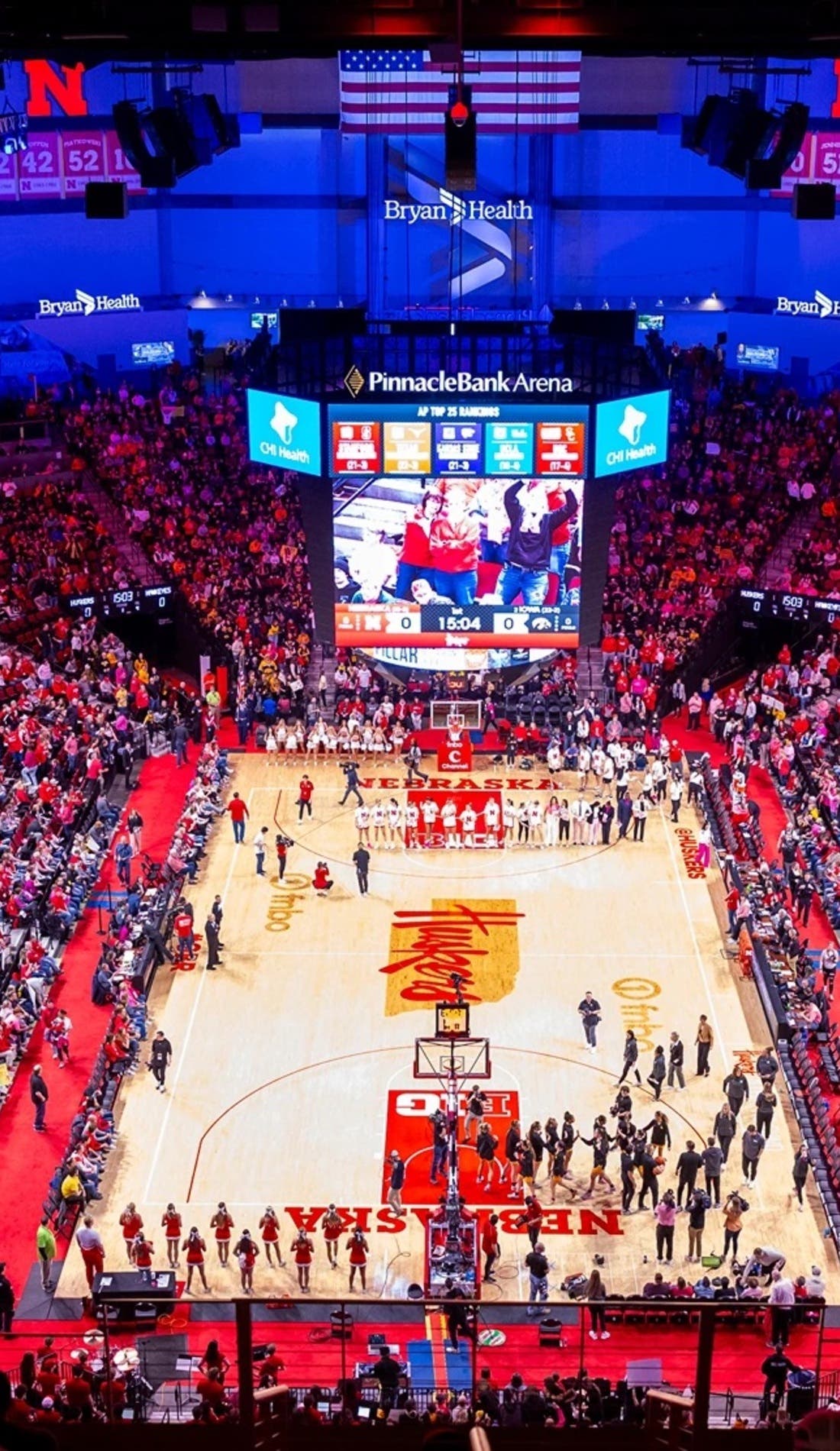 View from a seat at a Nebraska Cornhuskers Womens Basketball vs Texas Longhorns Womens Basketball game, showing the teams playing