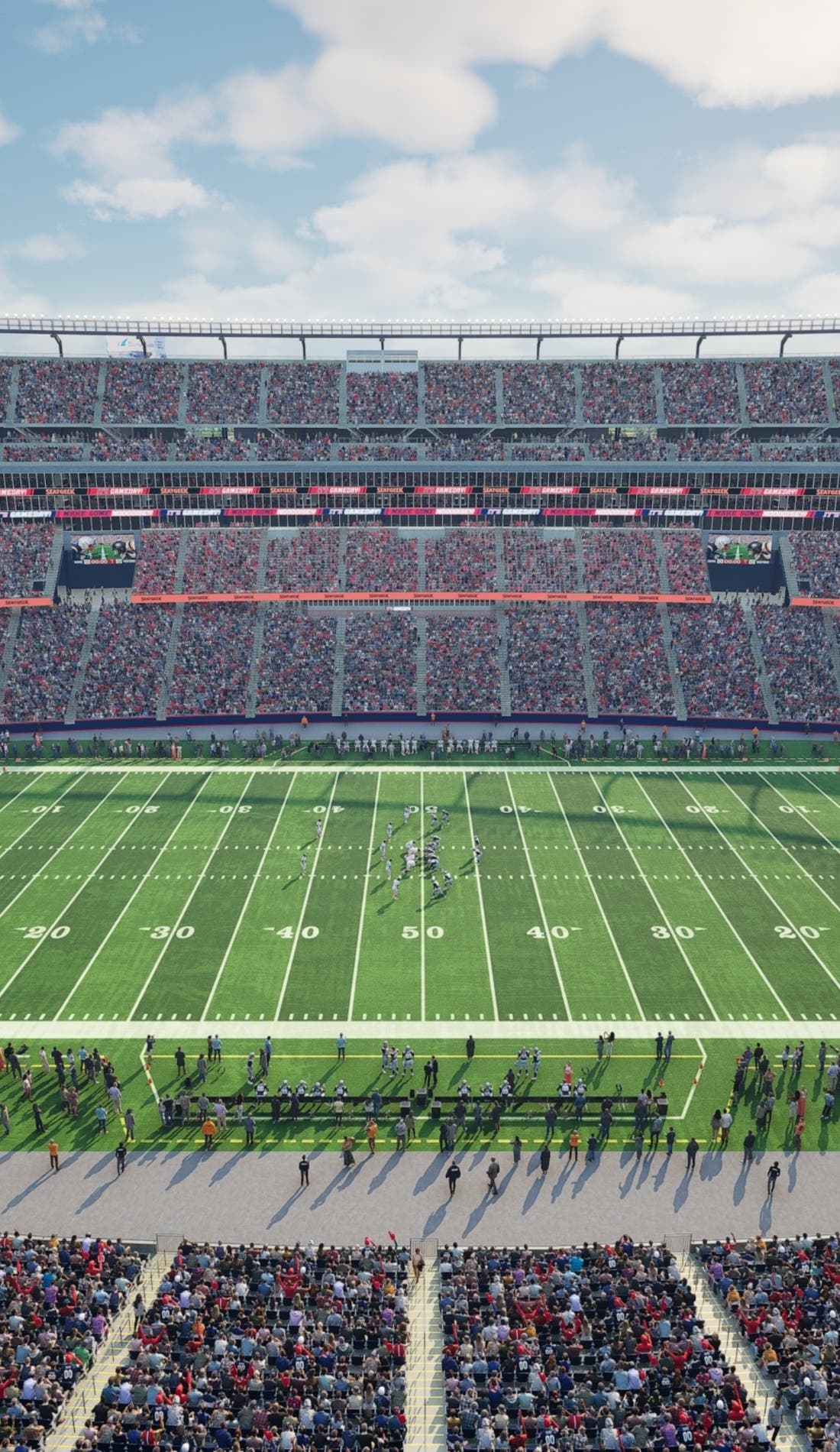 View from a seat at a New England Patriots vs Los Angeles Chargers game, showing the teams playing