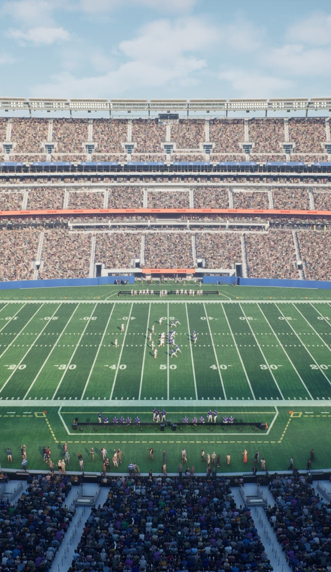 View from a seat at a New York Giants vs Green Bay Packers game, showing the teams playing